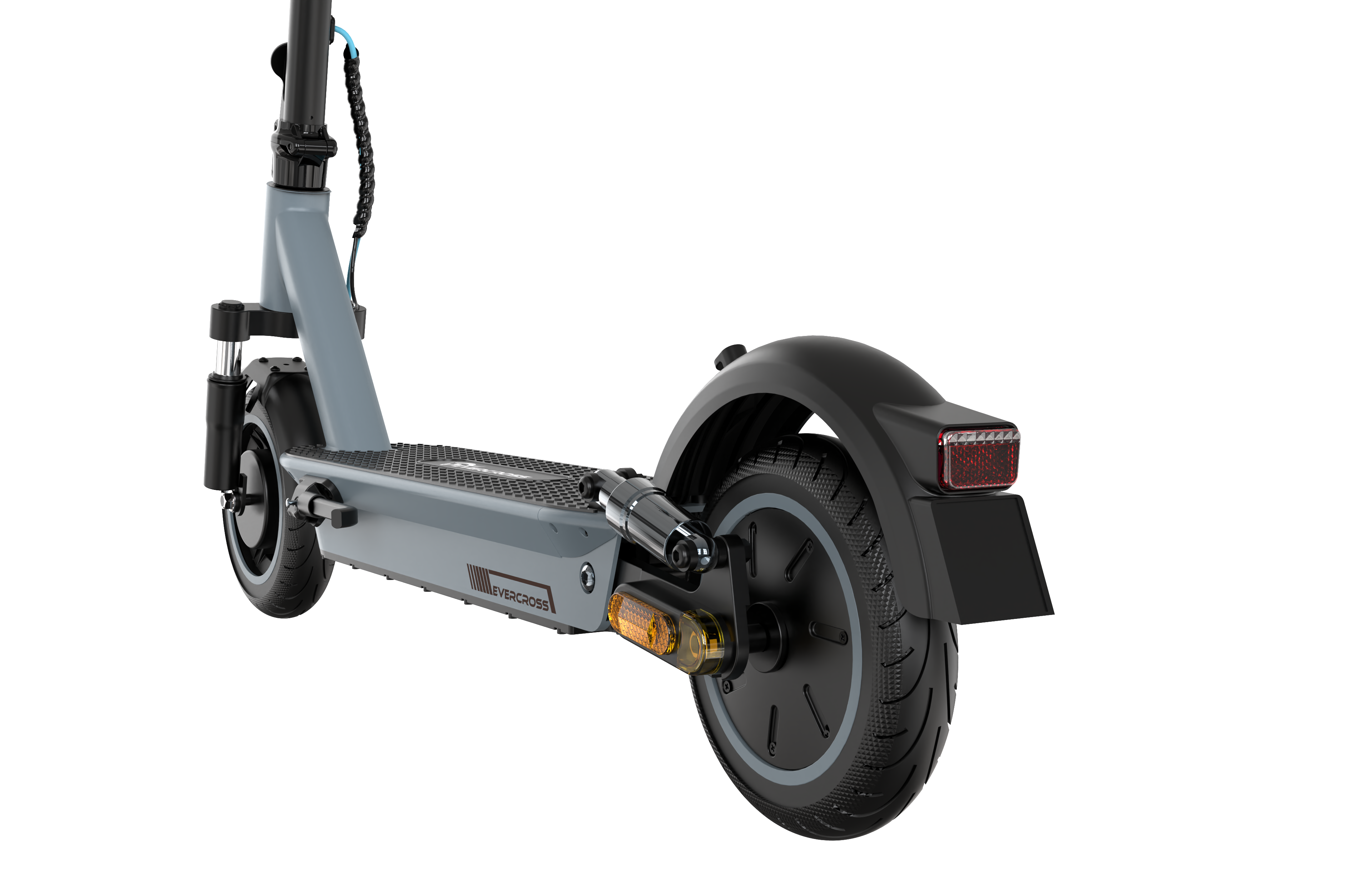 Widok z tyłu szarej hulajnogi elektrycznej. Hulajnoga ma czarne błotniki i światło tylne.