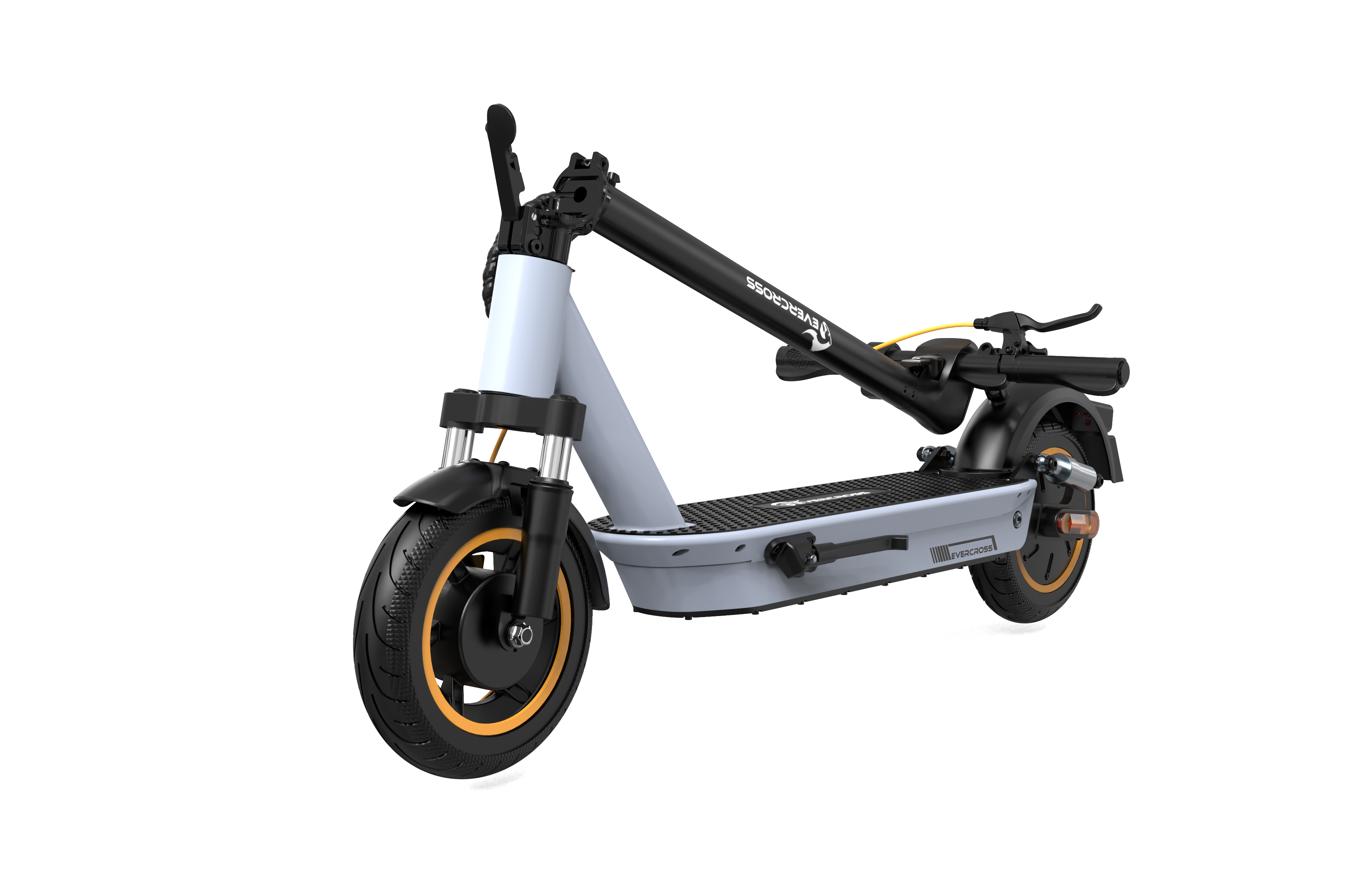 Scooter elettrico con corpo nero e grigio chiaro, dettagli arancioni, su sfondo bianco.
