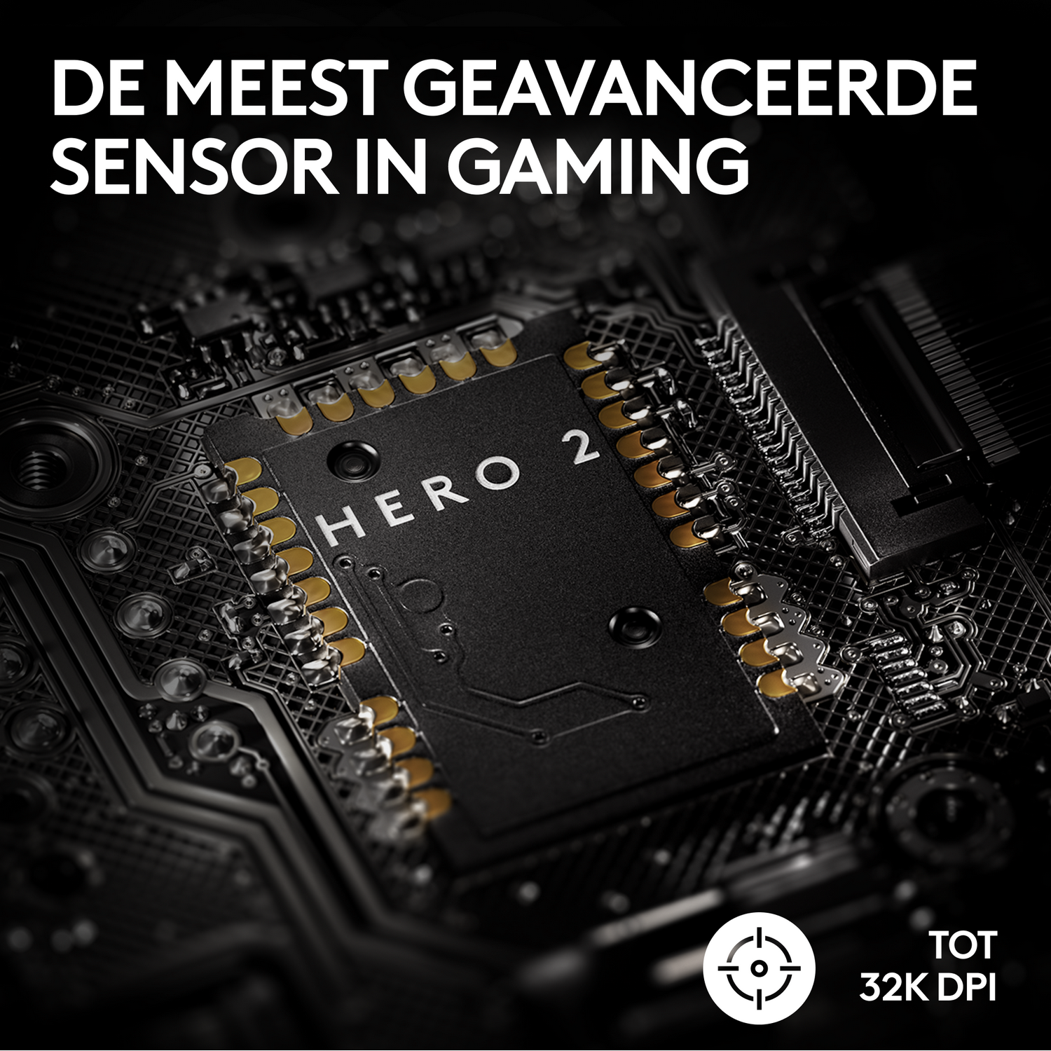 Zbliżenie czarnego układu scalonego oznaczonego HERO 2 z otaczającymi obwodami i tekstem.