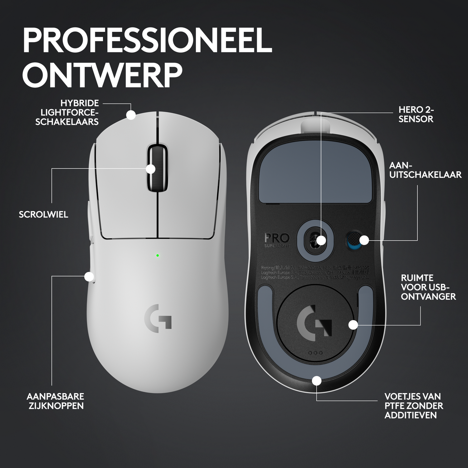 Biała i szara mysz do gier, widok z góry i z dołu. Oznaczone części.