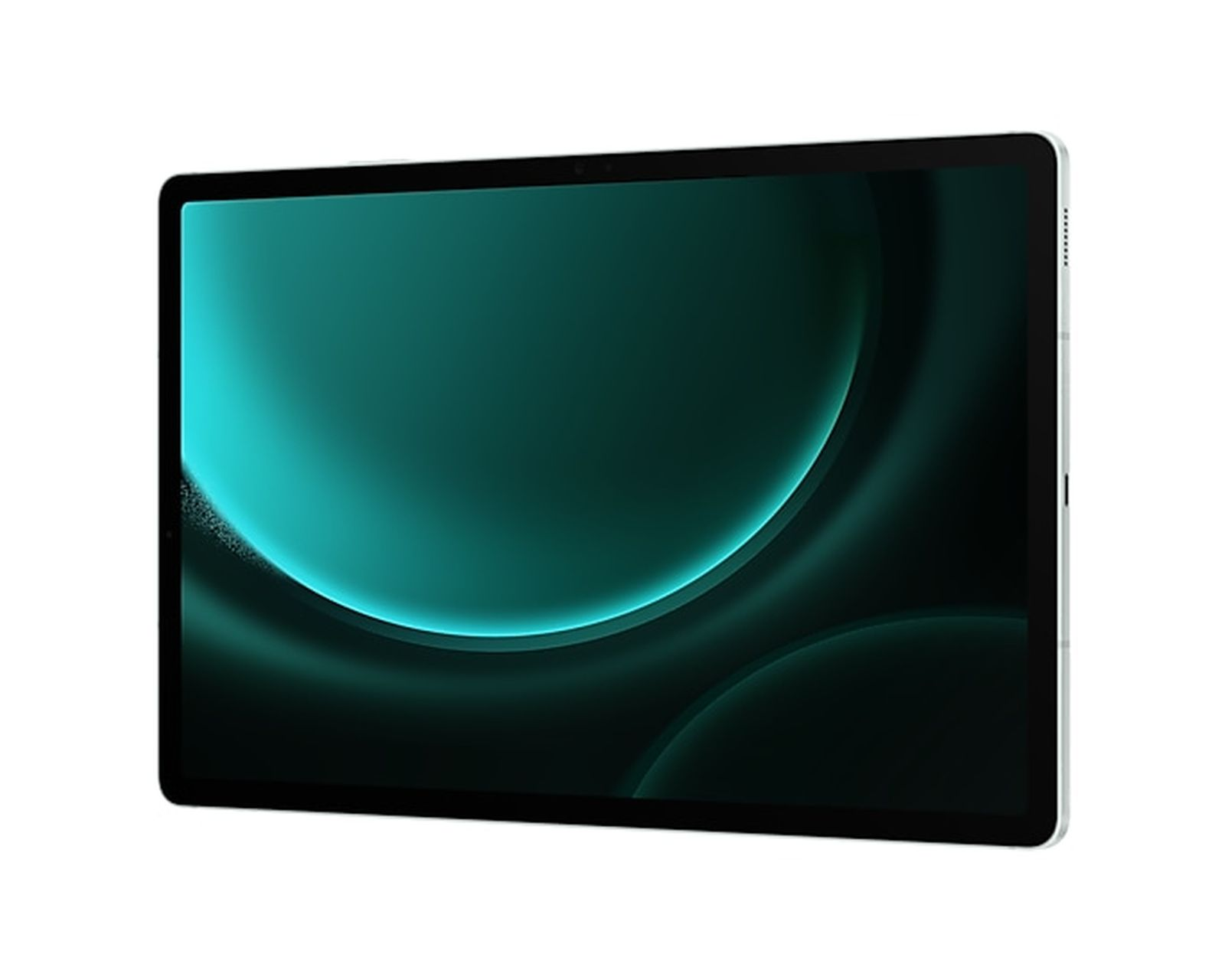 Tablet z ekranem w kolorze morskim i srebrną ramką, na białym tle.