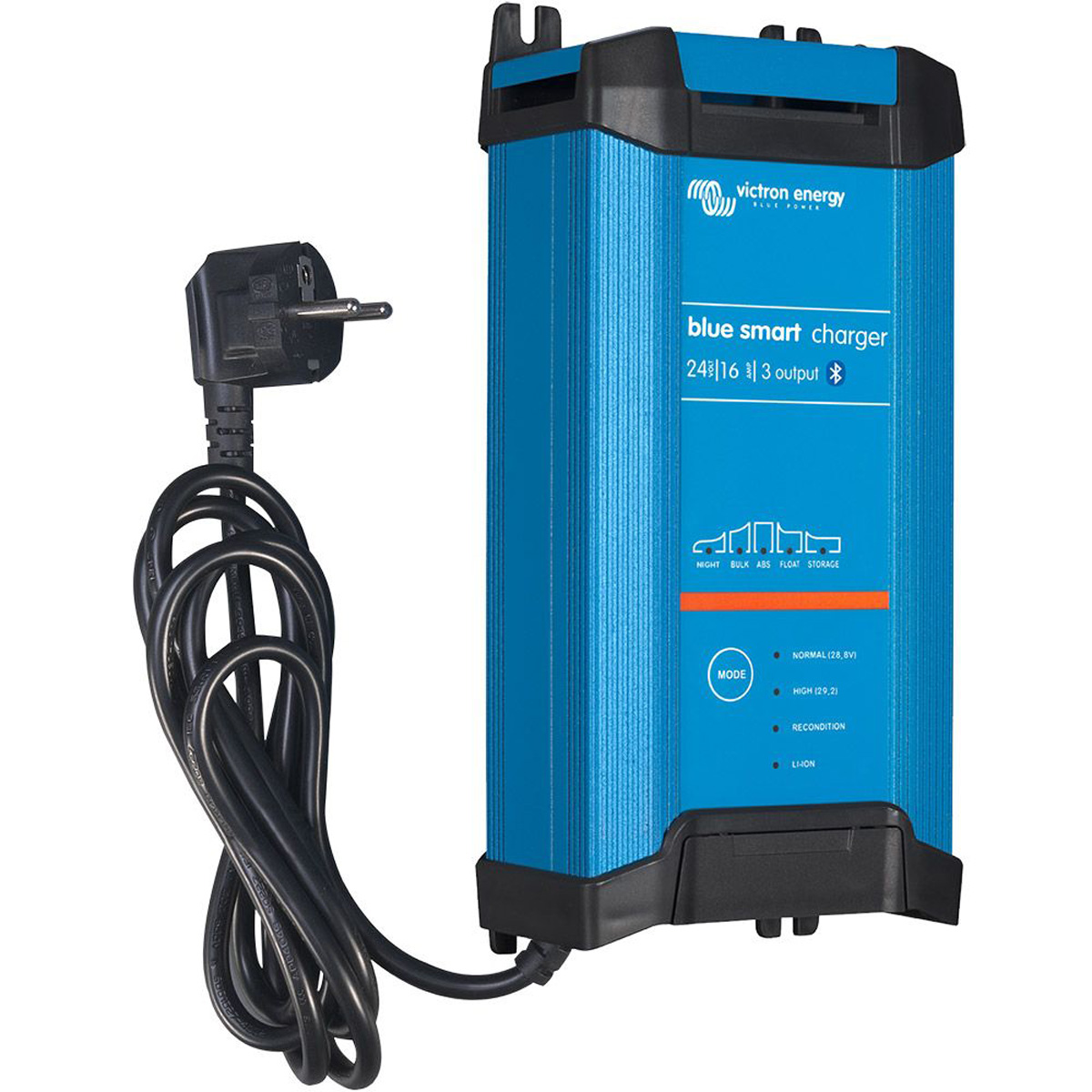 Blaues Smart-Ladegerät mit schwarzem Kabel und Stecker. Hat Moduseinstellungen und ein Bluetooth-Logo.
