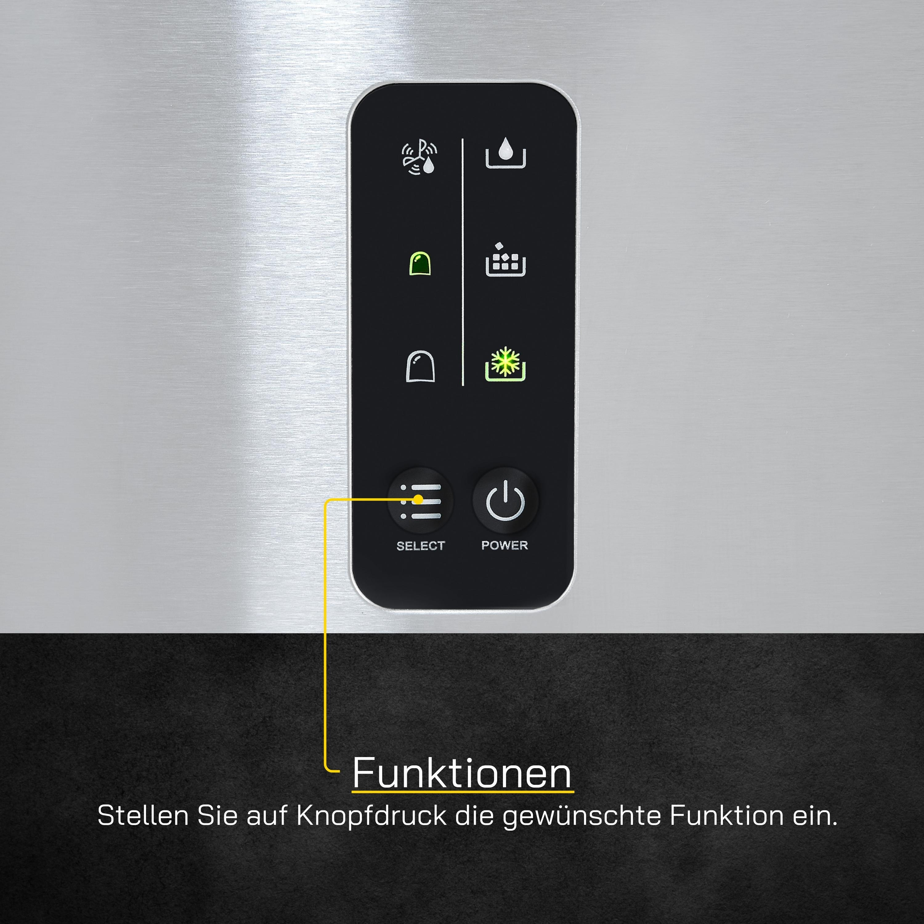Schwarzes Bedienfeld mit Symbolen und einem Ein-/Ausschalter. Das Wort "SELECT" steht unter den Symbolen.
