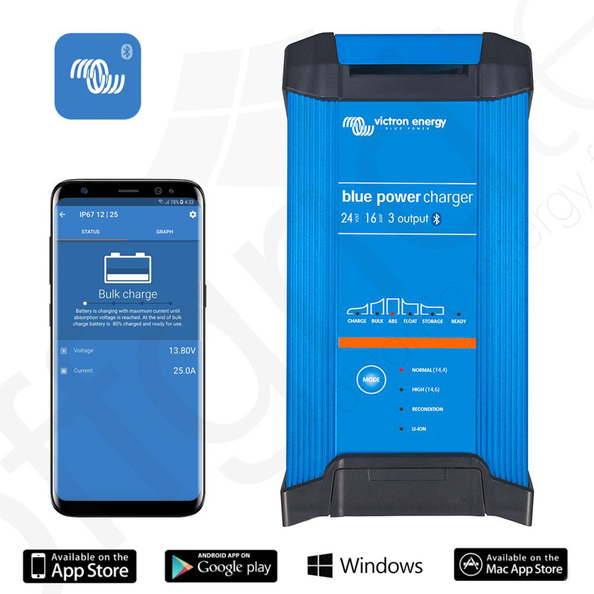 Ein blaues Ladegerät mit einem Telefon, das Statusinformationen anzeigt, und einem App-Symbol.