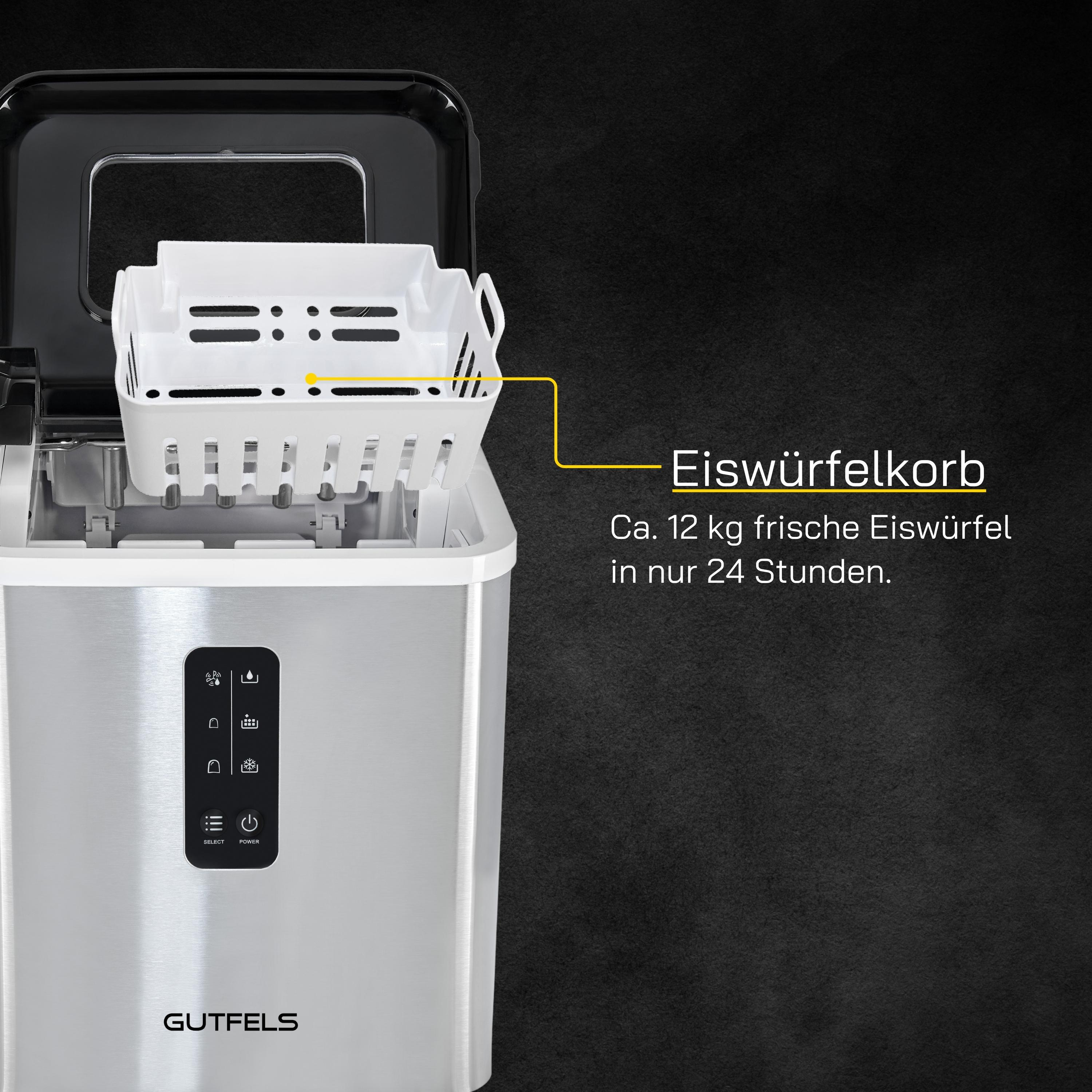 Silberne Eismaschine mit weißem Eisbehälter. Zeigt Bedienfeld mit Strom, Auswahl und anderen Tasten.