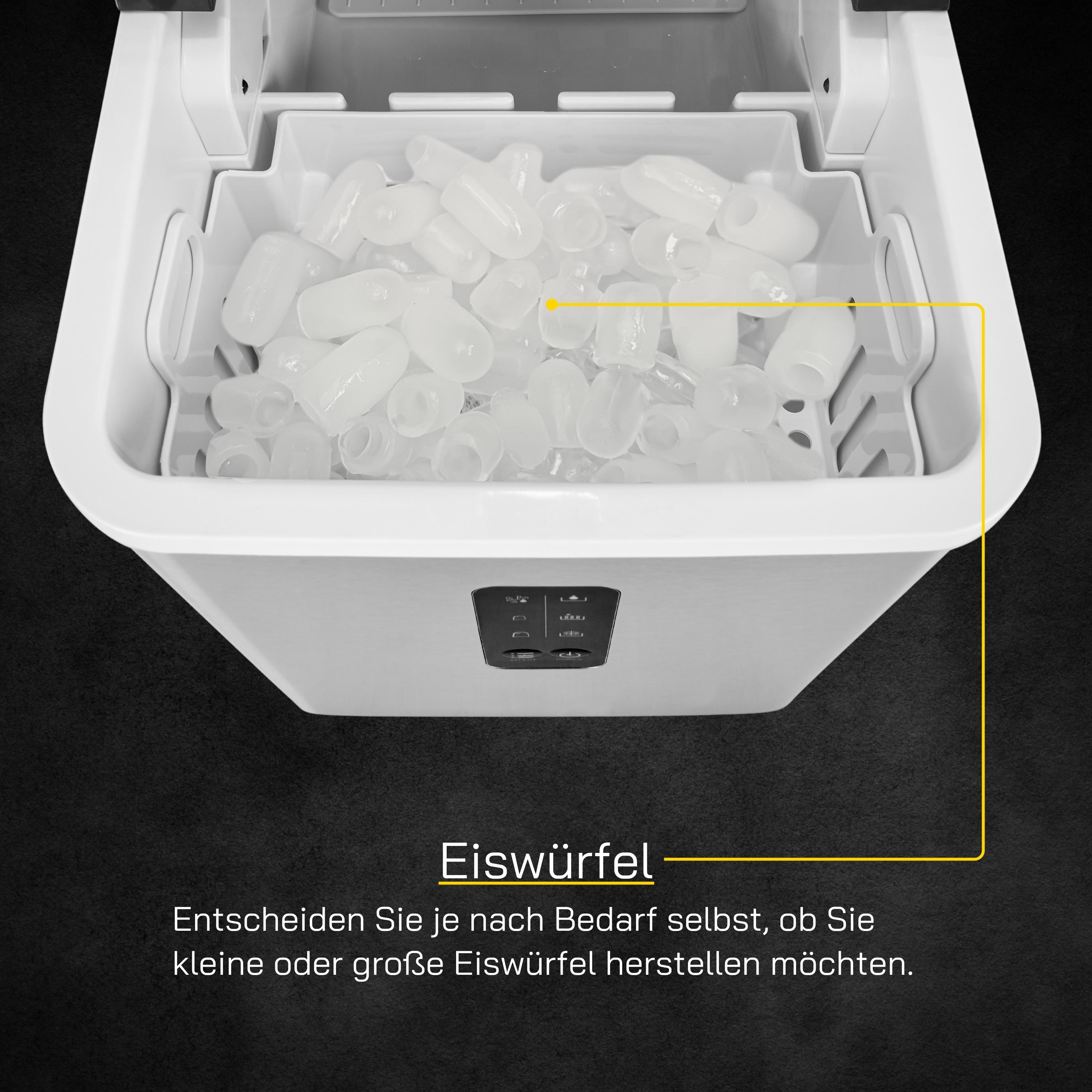 Eine Eismaschine mit Eiswürfeln. Text sagt 'Eiswürfel' und Anweisungen zur Eisgröße.