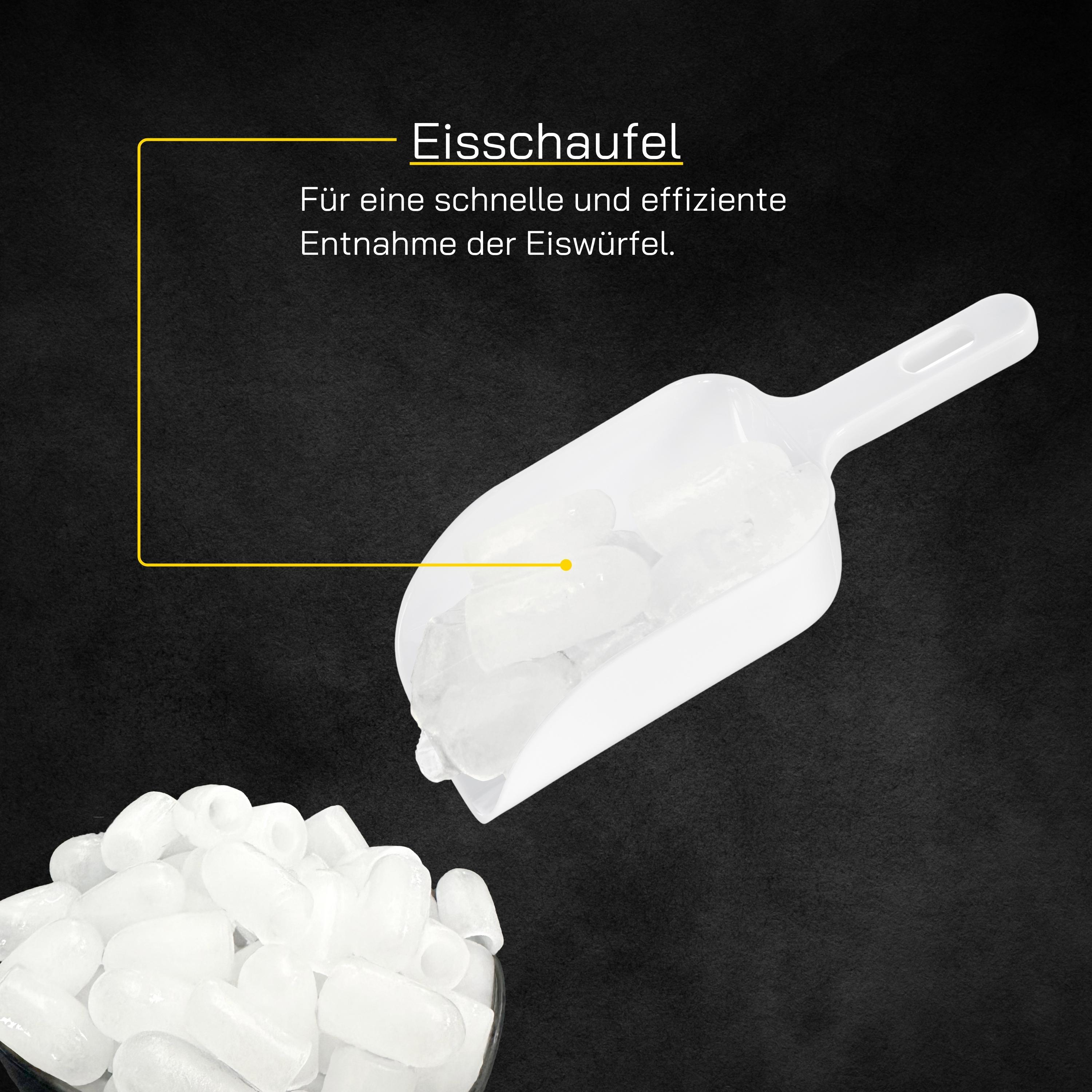 Weißer Eisbehälter mit Eiswürfeln und deutschem Text auf dunklem Hintergrund.