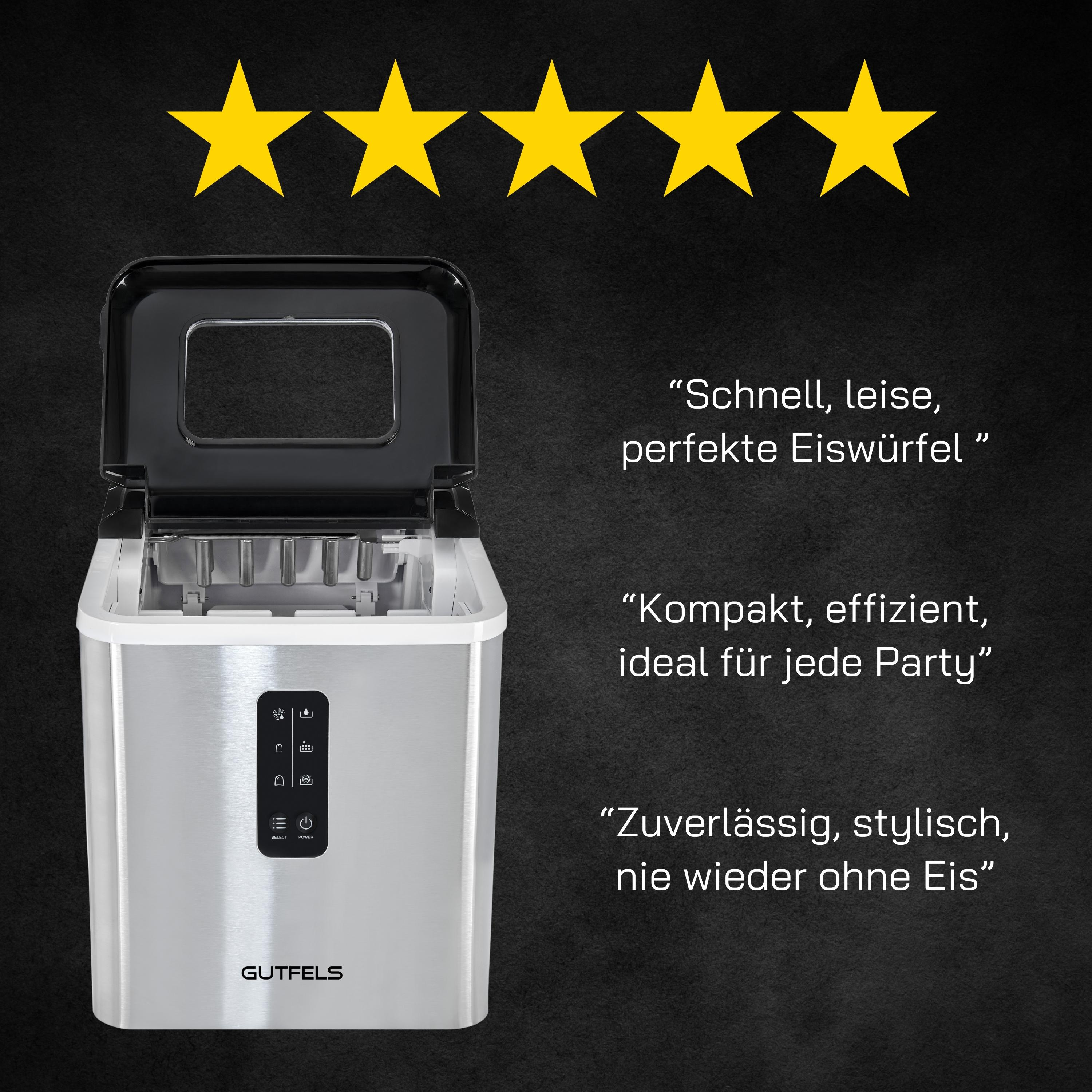 Eiswürfelbereiter mit Text, einschließlich Sternebewertungen und Kundenangaben.