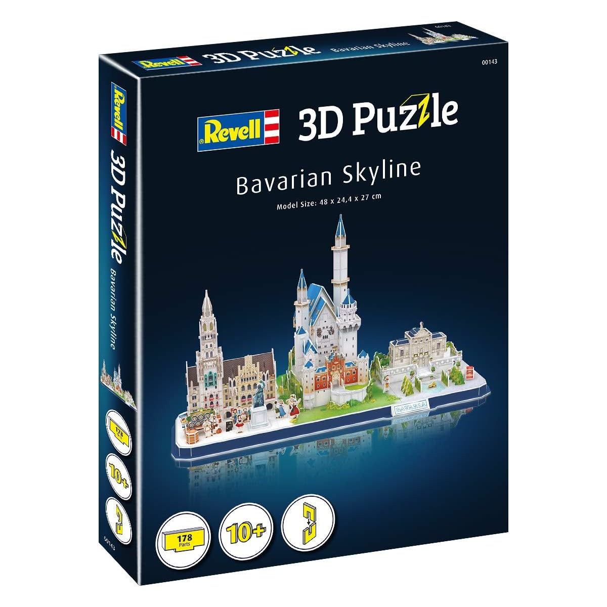 Una scatola di puzzle 3D che mostra un modello di Skyline bavarese con un castello blu e bianco.
