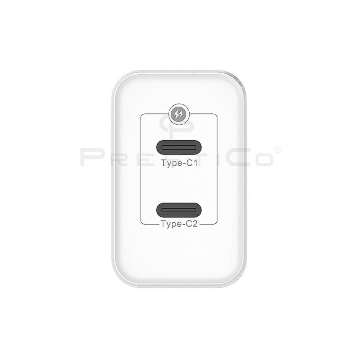 Weißer Adapter mit zwei USB-C-Anschlüssen, beschriftet mit 'Type-C1' und 'Type-C2'. Die Marke ist PRE Co.
