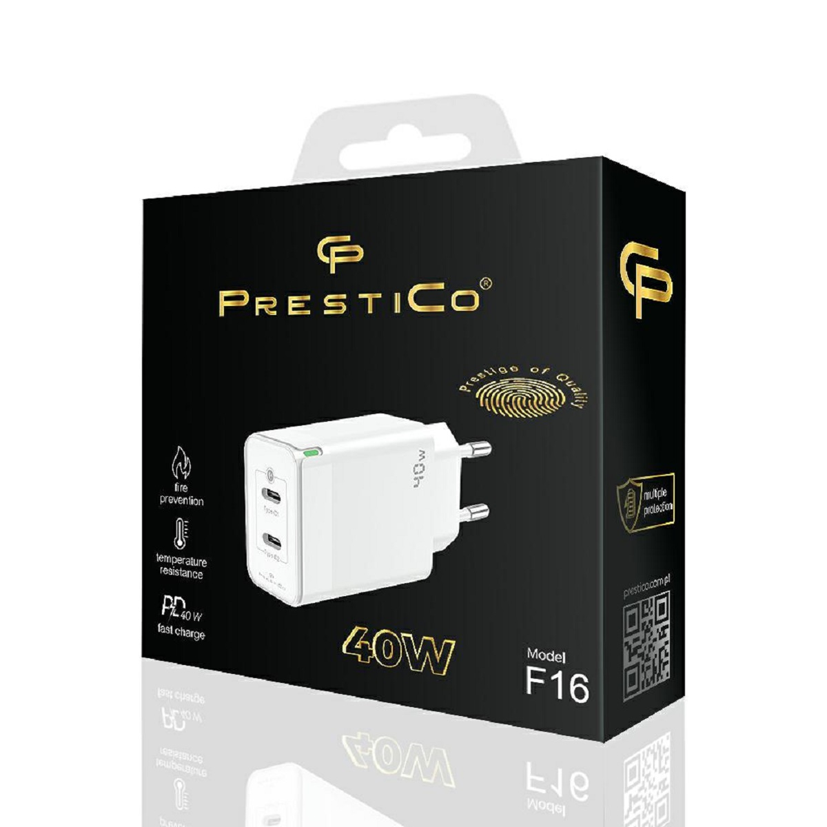 Eine weiße Ladegerätbox mit einer schwarzen Box. Sie hat mehrere USB-Anschlüsse und ein 40-W-Etikett.