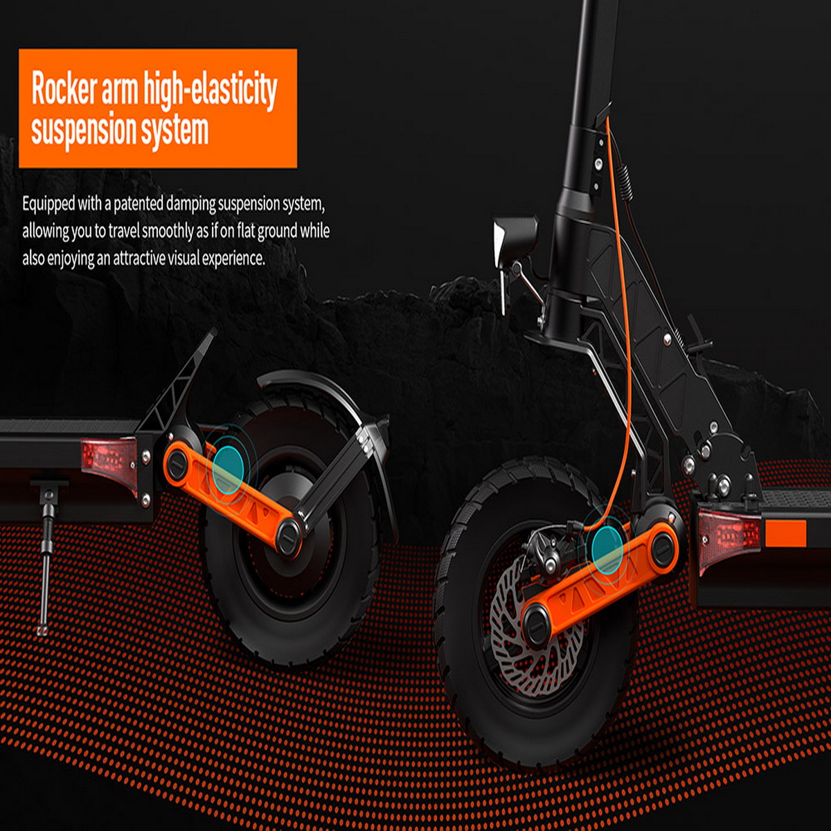 Roller mit Radaufhängungssystem. Orange und schwarze Farben. Text über das System.