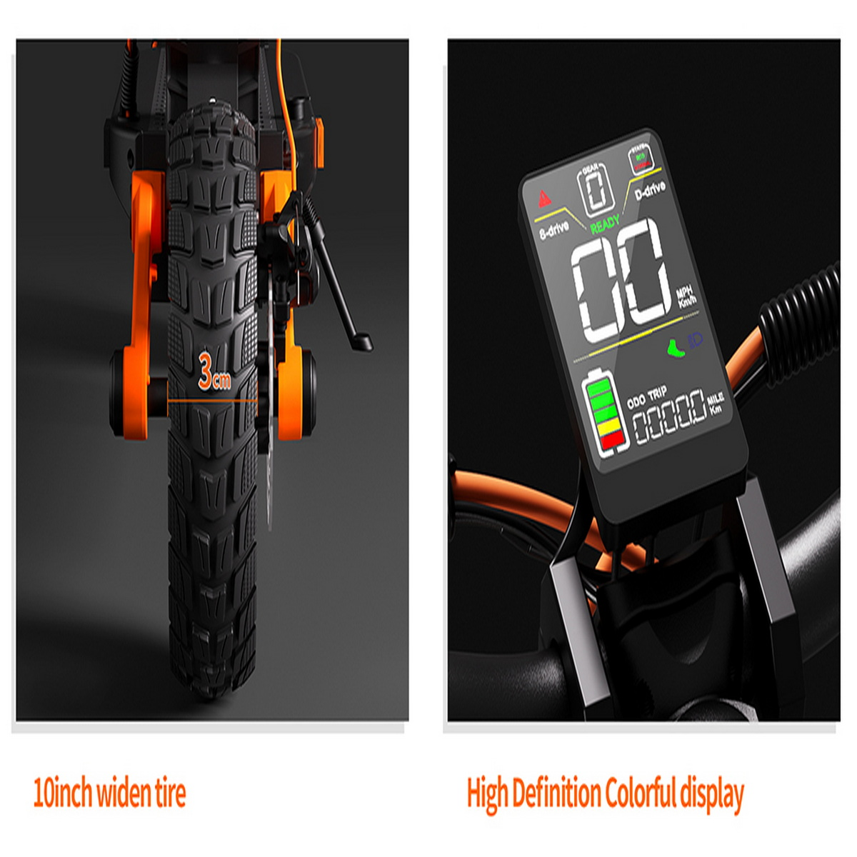 Rollerreifen, 3 cm dick, und Display mit Geschwindigkeit und Batteriestand.