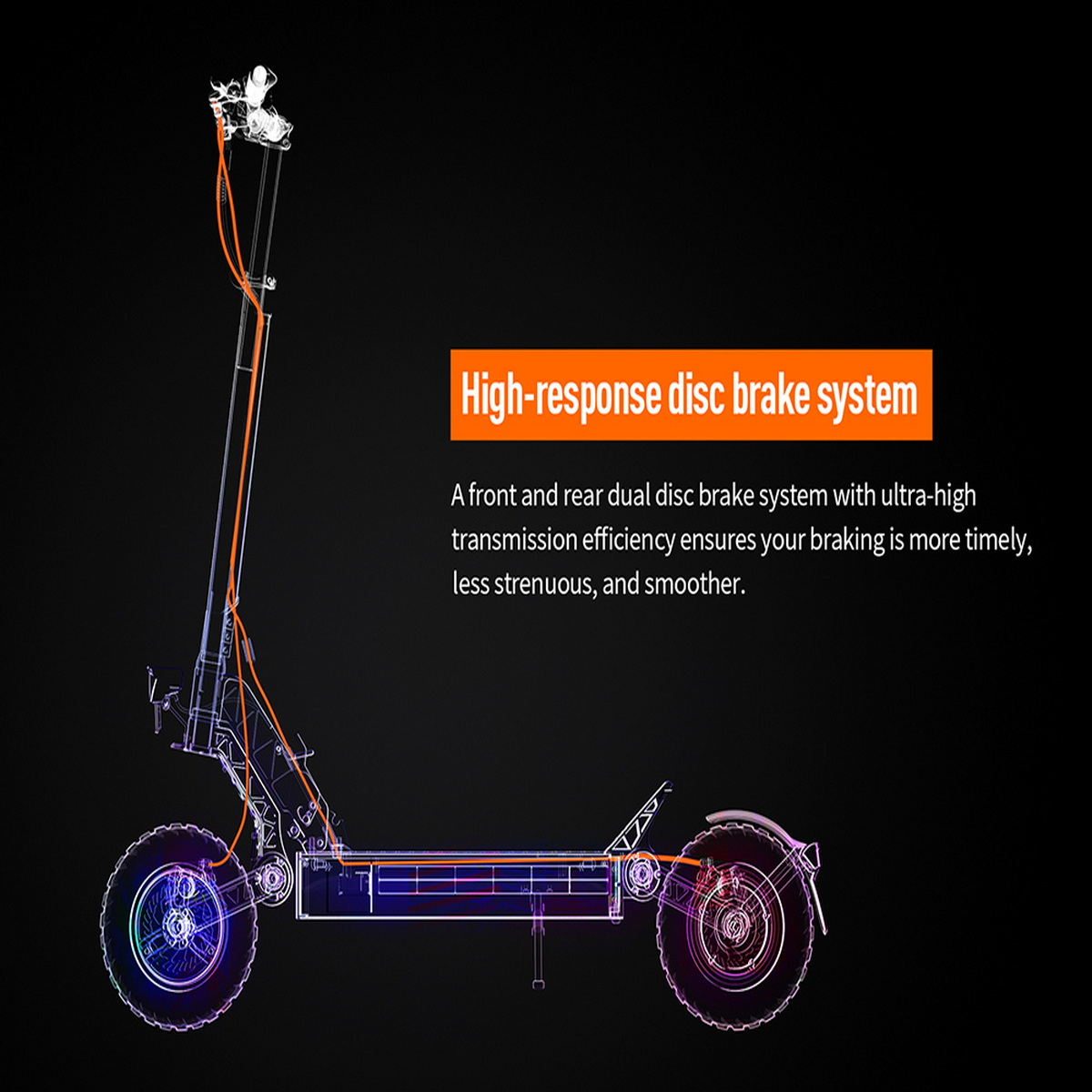 Eine technische Zeichnung eines Elektrorollers mit orangefarbener Verkabelung und dem Text: Hochreaktionsfähiges Scheibenbremssystem.