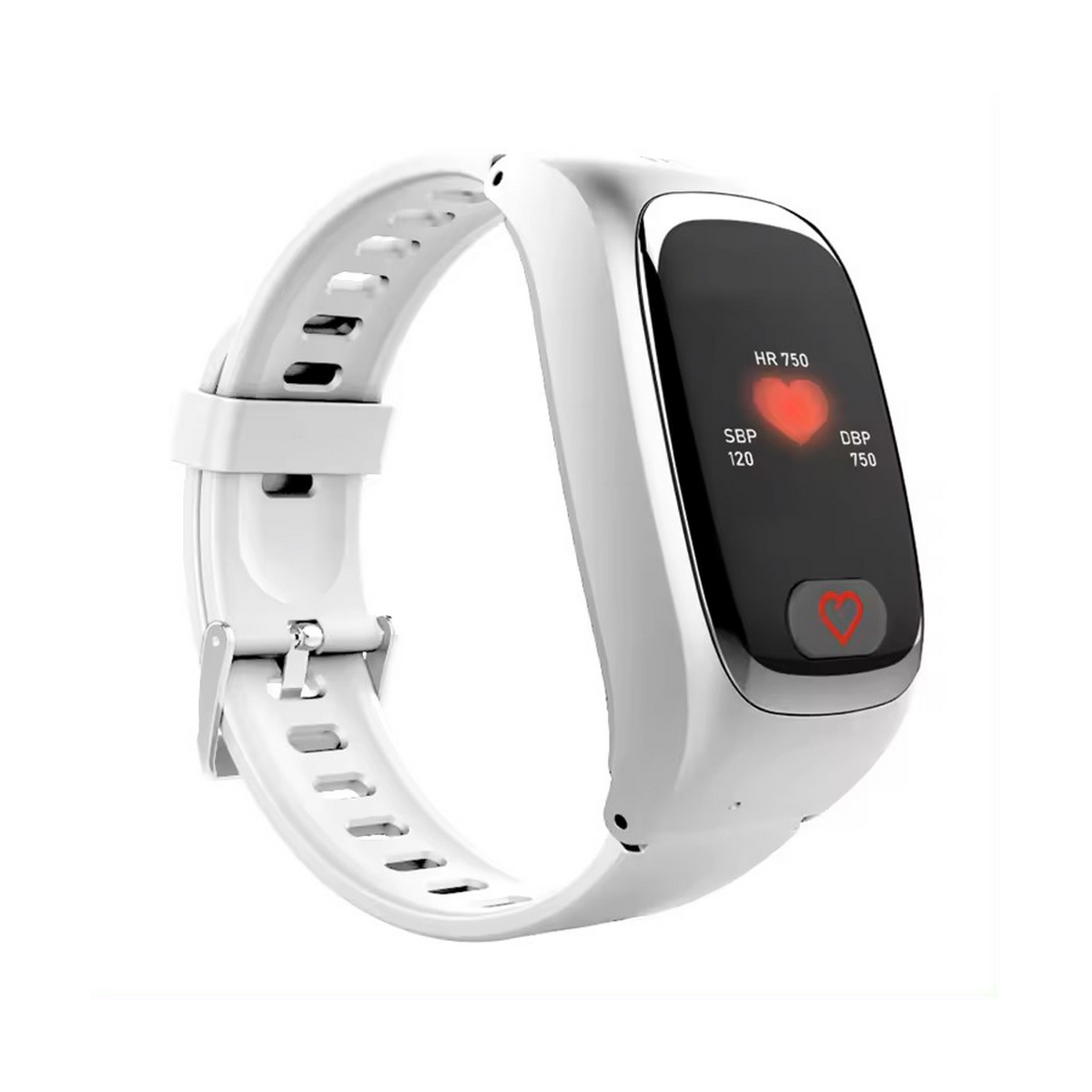 Eine weiße Smartwatch, die Herzfrequenz und Blutdruckmesswerte auf einem weißen Armband anzeigt.