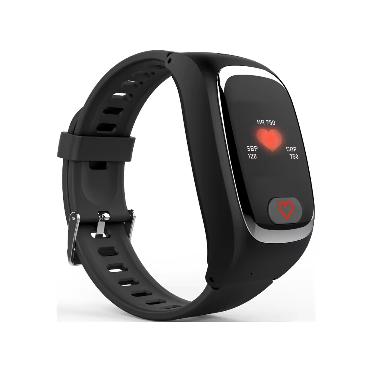 Schwarze Smartwatch mit Herzfrequenzanzeige, schwarzem Band, Herzfrequenzsensor und Knopf.