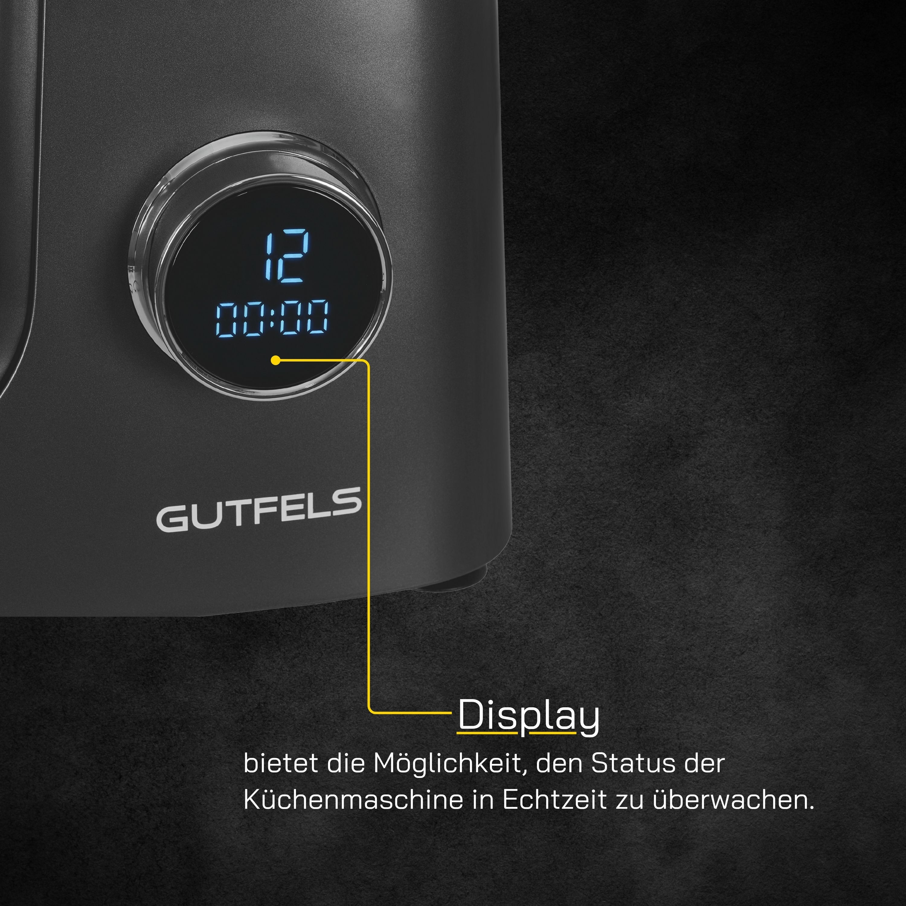 Schwarzes Küchengerät mit Digitalanzeige, die '12' und '00:00' zeigt, auf dunklem Hintergrund.