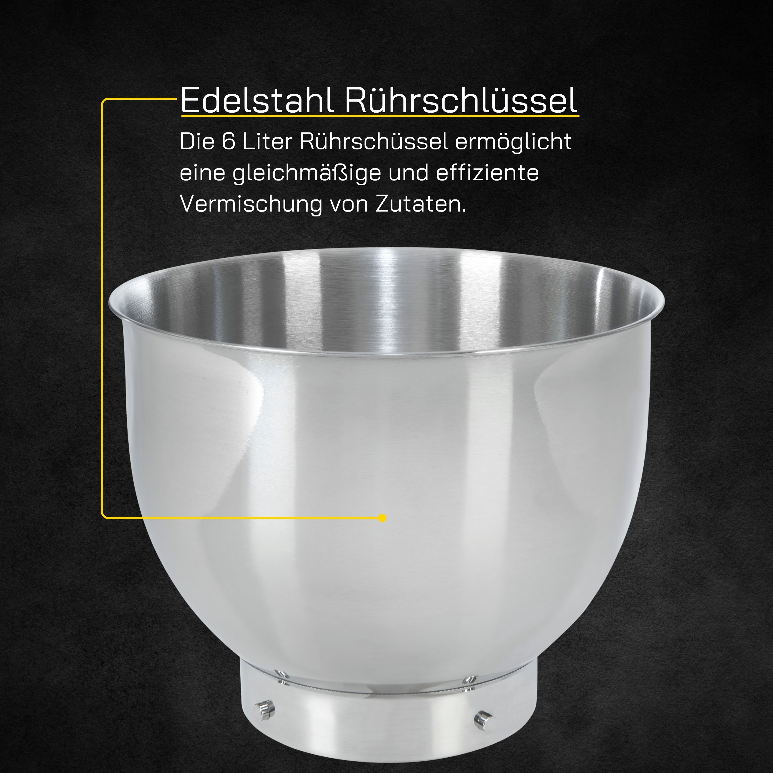 Edelstahl-Rührschüssel. Enthält Text über das 6-Liter-Fassungsvermögen der Schüssel.