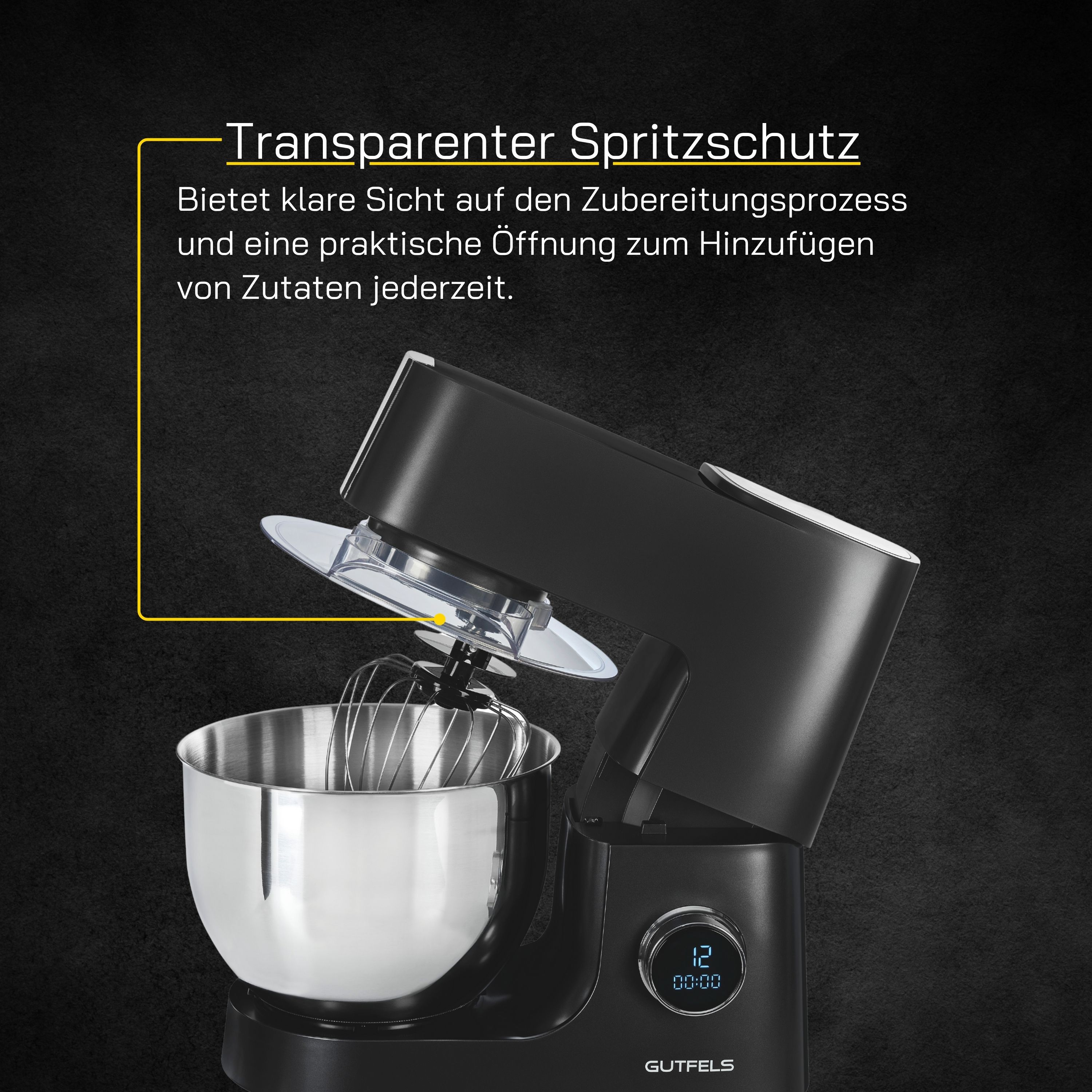 Schwarzer Küchenmixer mit silberner Schüssel, Spritzschutz und Digitalanzeige.