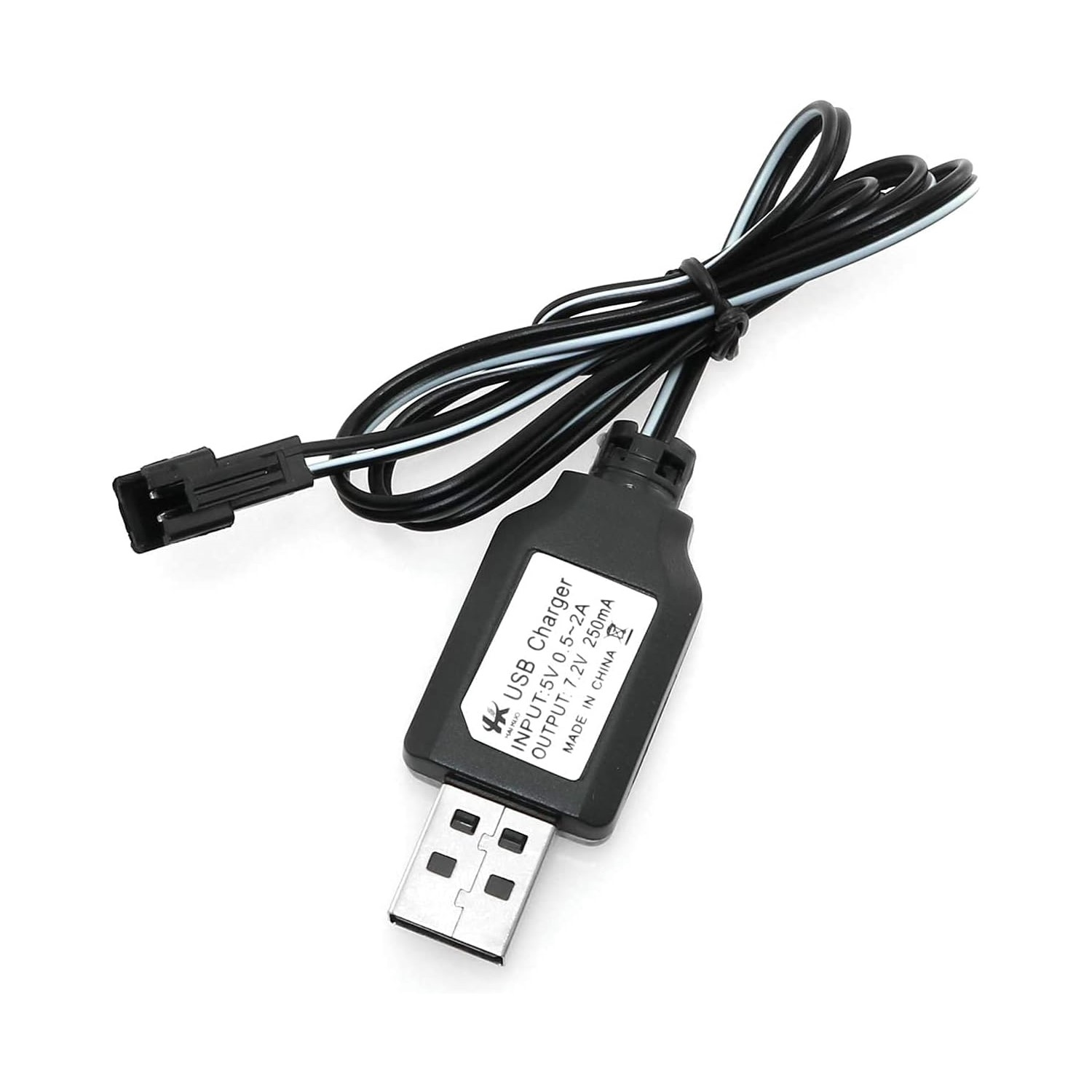 Schwarz-weißes USB-Ladegerät mit USB-Anschluss, Kabel und Stecker.