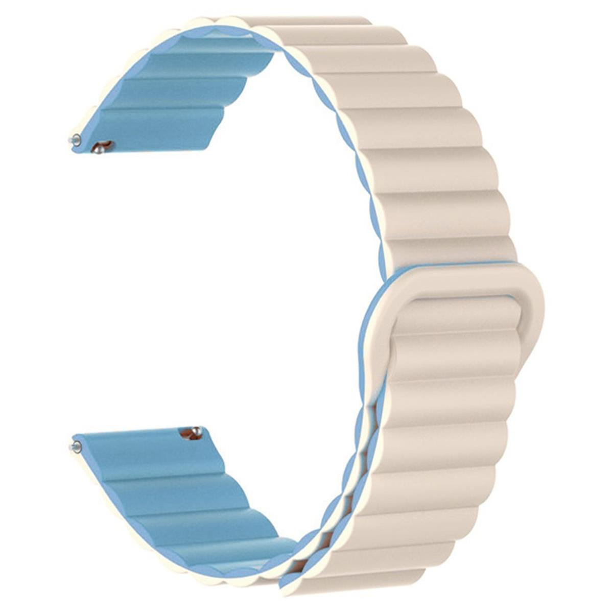 Ein zweifarbiges Uhrenarmband, hellbeige mit blauem Innenraum und Magnetverschluss.