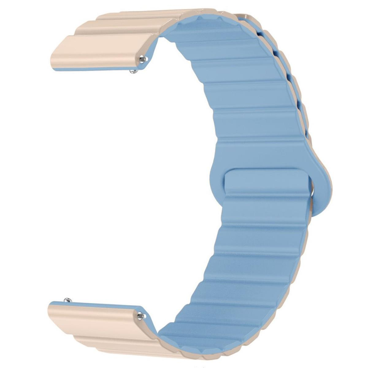 Ein Uhrenarmband, blau und hellbraun, ist in einer Studioaufnahme zu sehen.