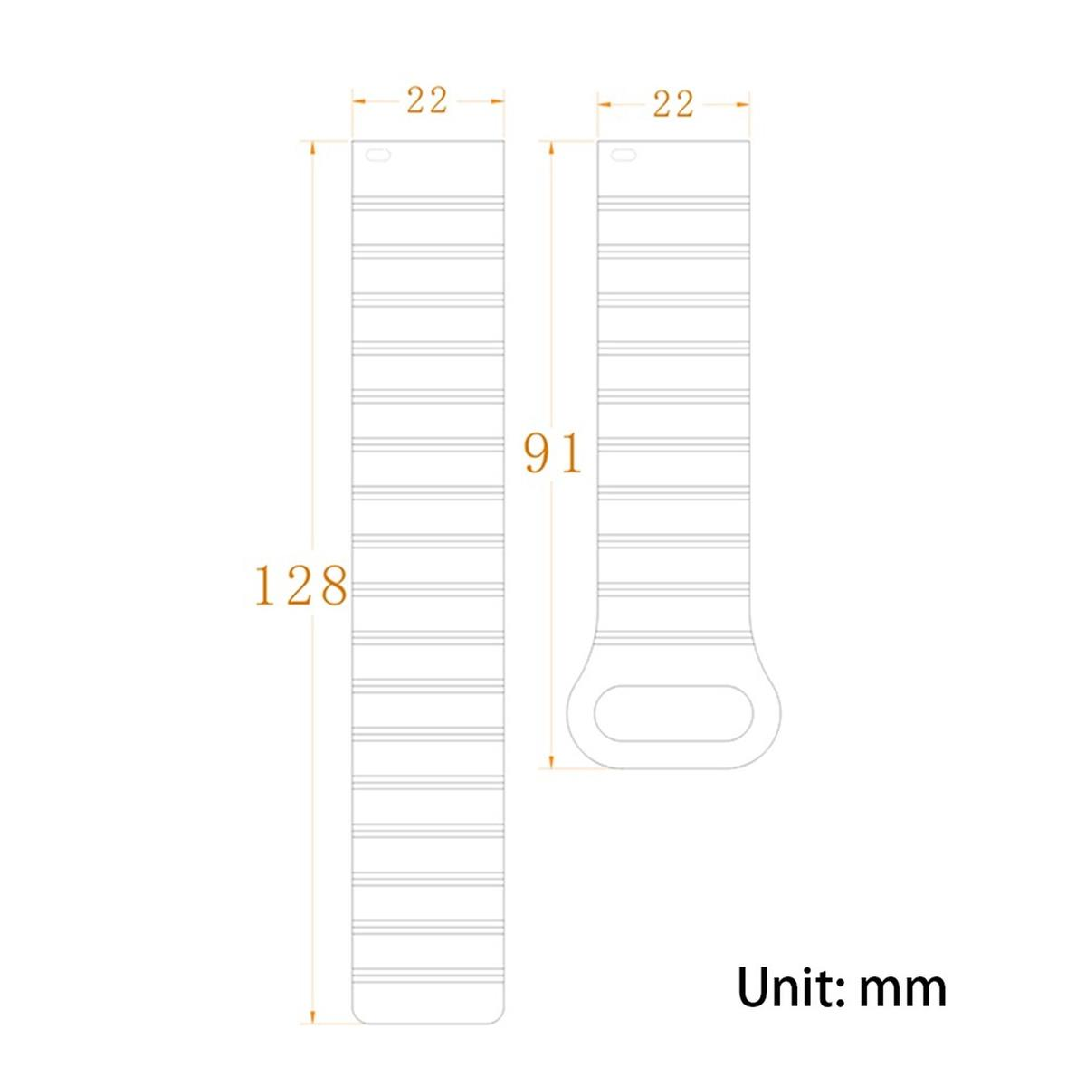 Zwei Uhrenarmbänder mit Maßen. Eines zeigt die Größe 128x91x22mm. Das andere ist ein Armband mit einem Verschluss.