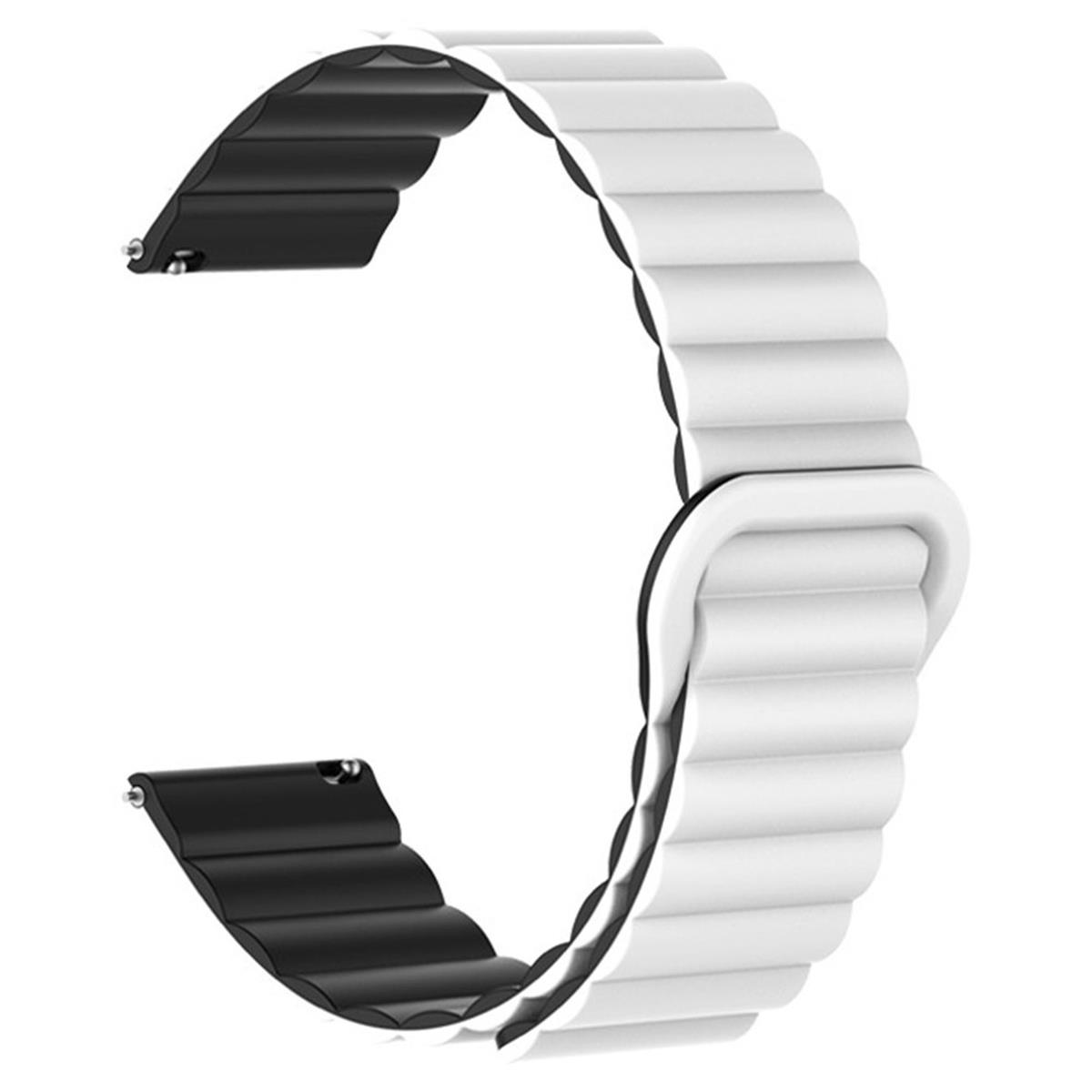 Weißes und schwarzes Uhrenarmband. Es hat einen Magnetverschluss und eine strukturierte Oberfläche.
