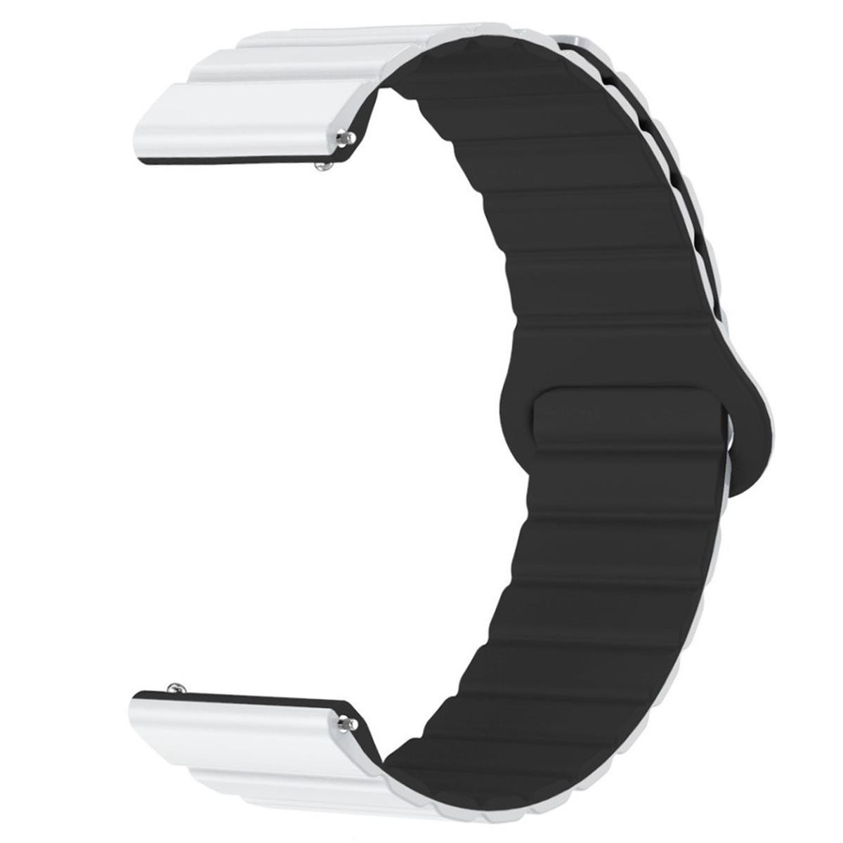 Ein Uhrenarmband. Es ist schwarz und weiß. Es ist gebogen.