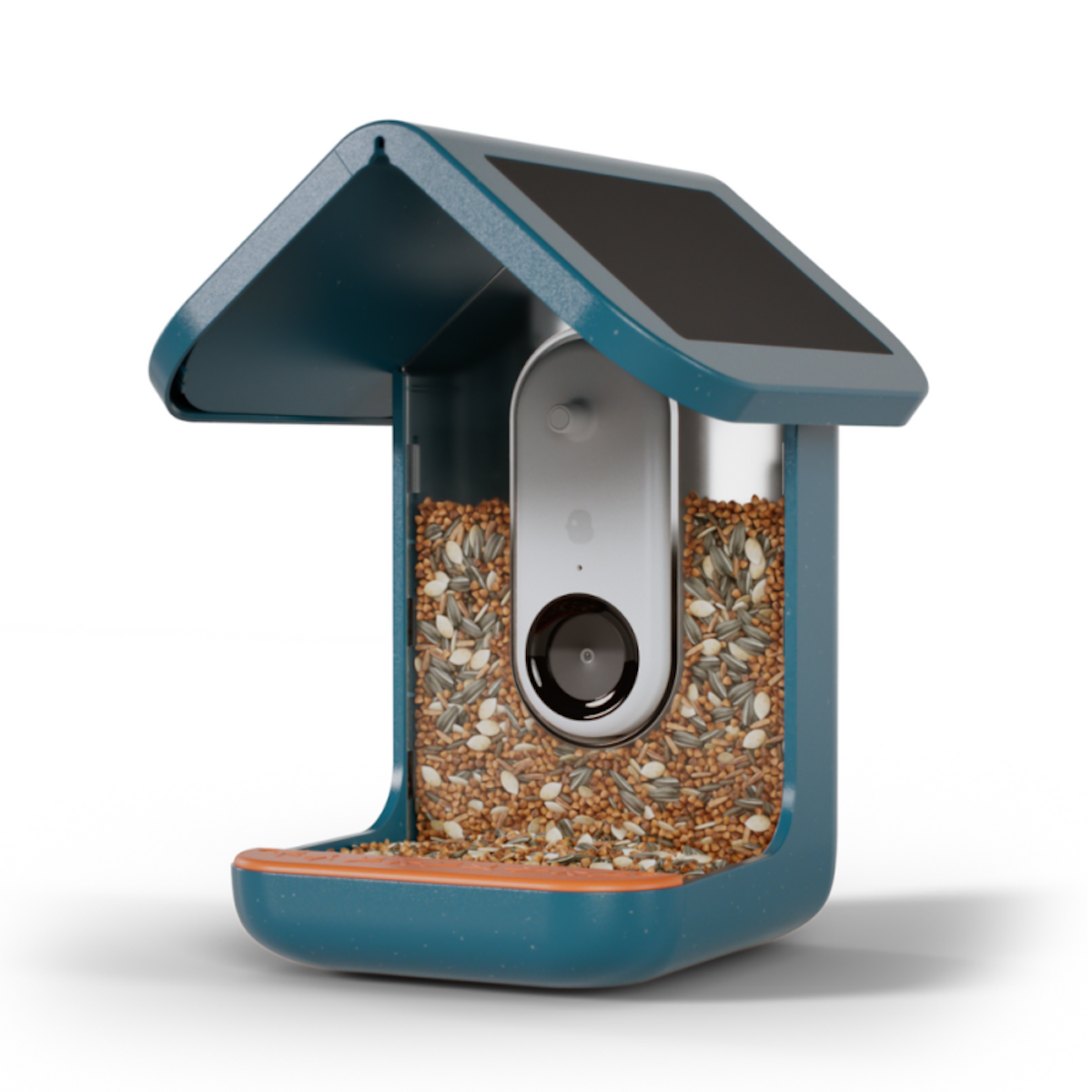 Un comedero para pájaros con una cámara en su interior. Tiene un techo azul y una base de madera.