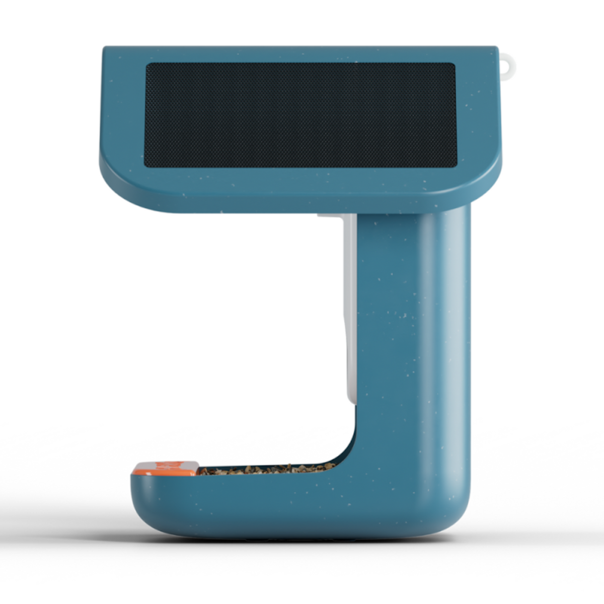 Dispositivo azul y blanco con pantalla negra, diseñado en forma de J.