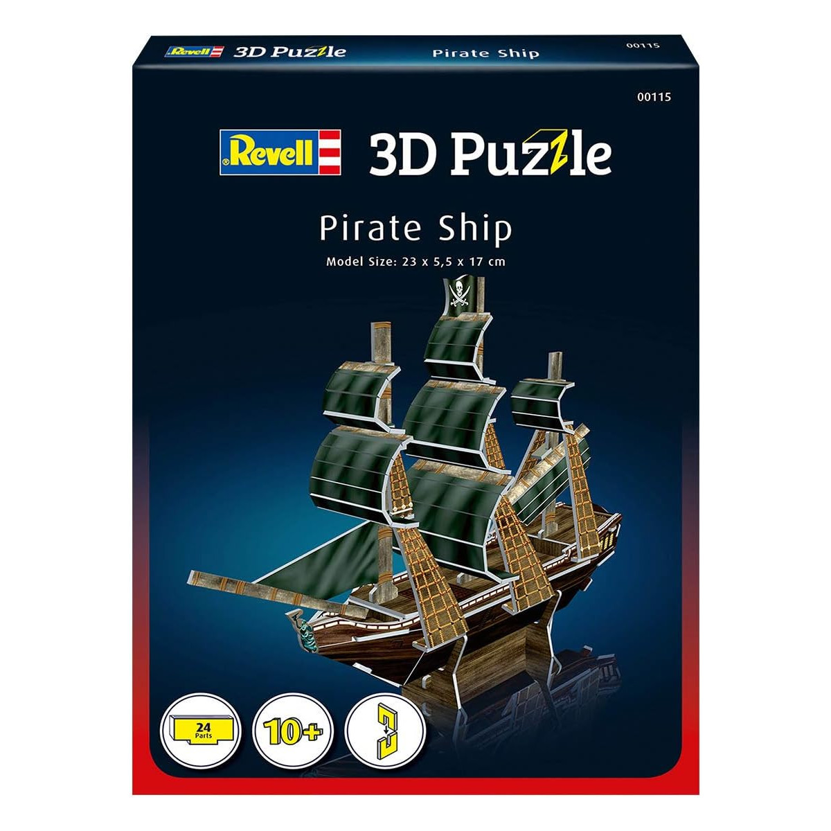 Ein verpacktes Revell 3D-Puzzle eines Piratenschiffs, wobei die Verpackung das fertige Modell zeigt.