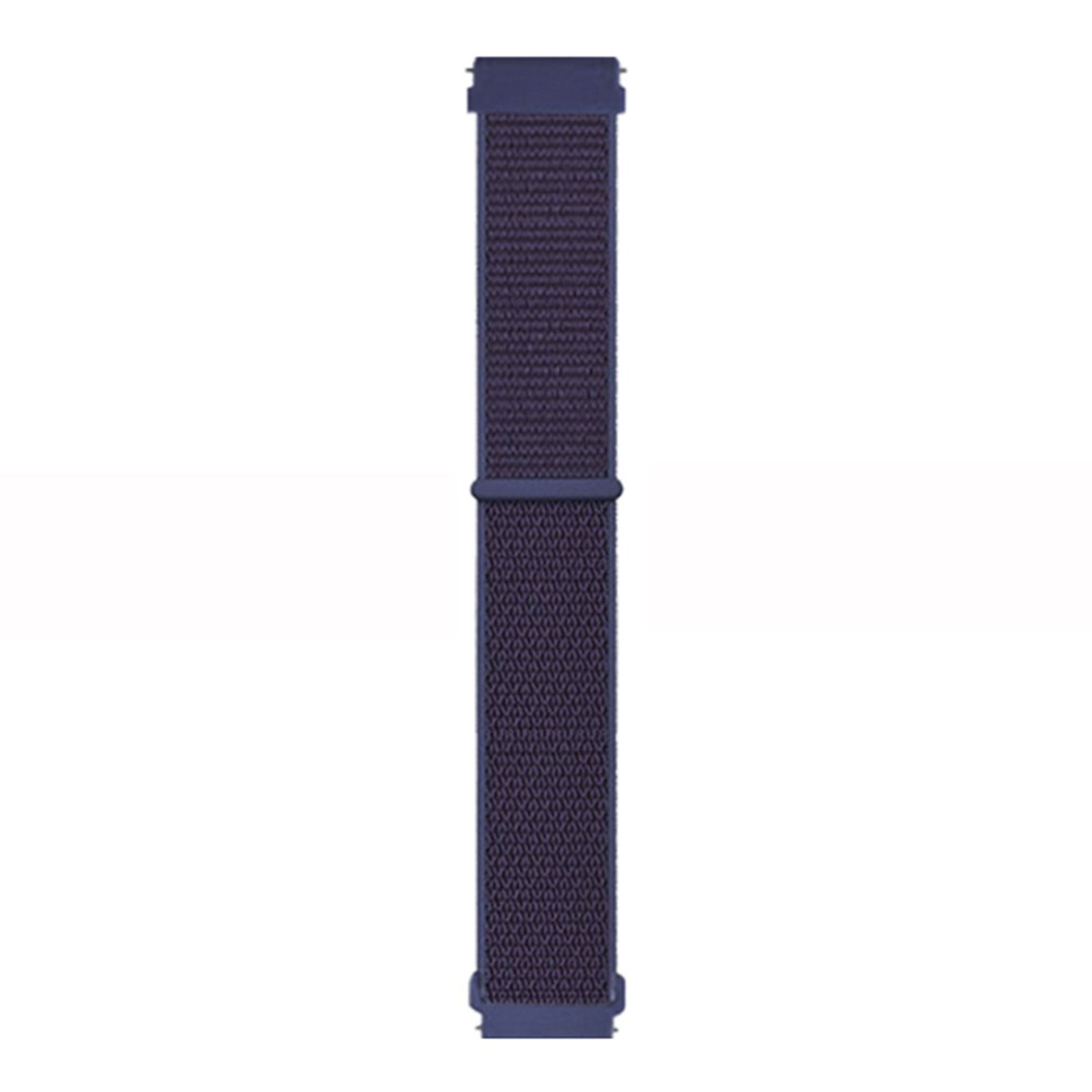 Ein marineblaues Uhrenarmband. Es besteht aus einem strukturierten Stoff mit Schnalle und Schlaufe zur Anpassung.