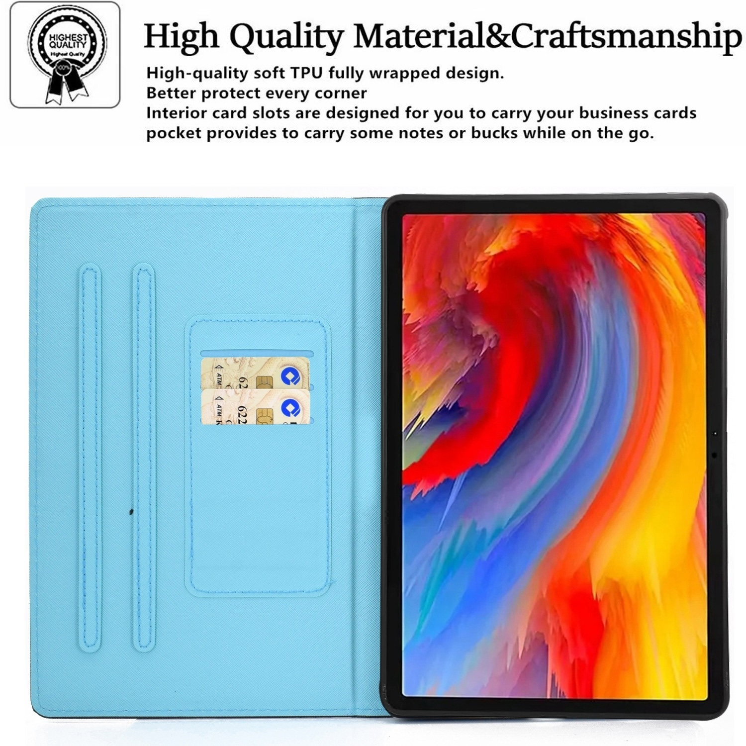 Una funda de tableta azul claro con una tableta dentro. Muestra una pantalla azul y colorida.