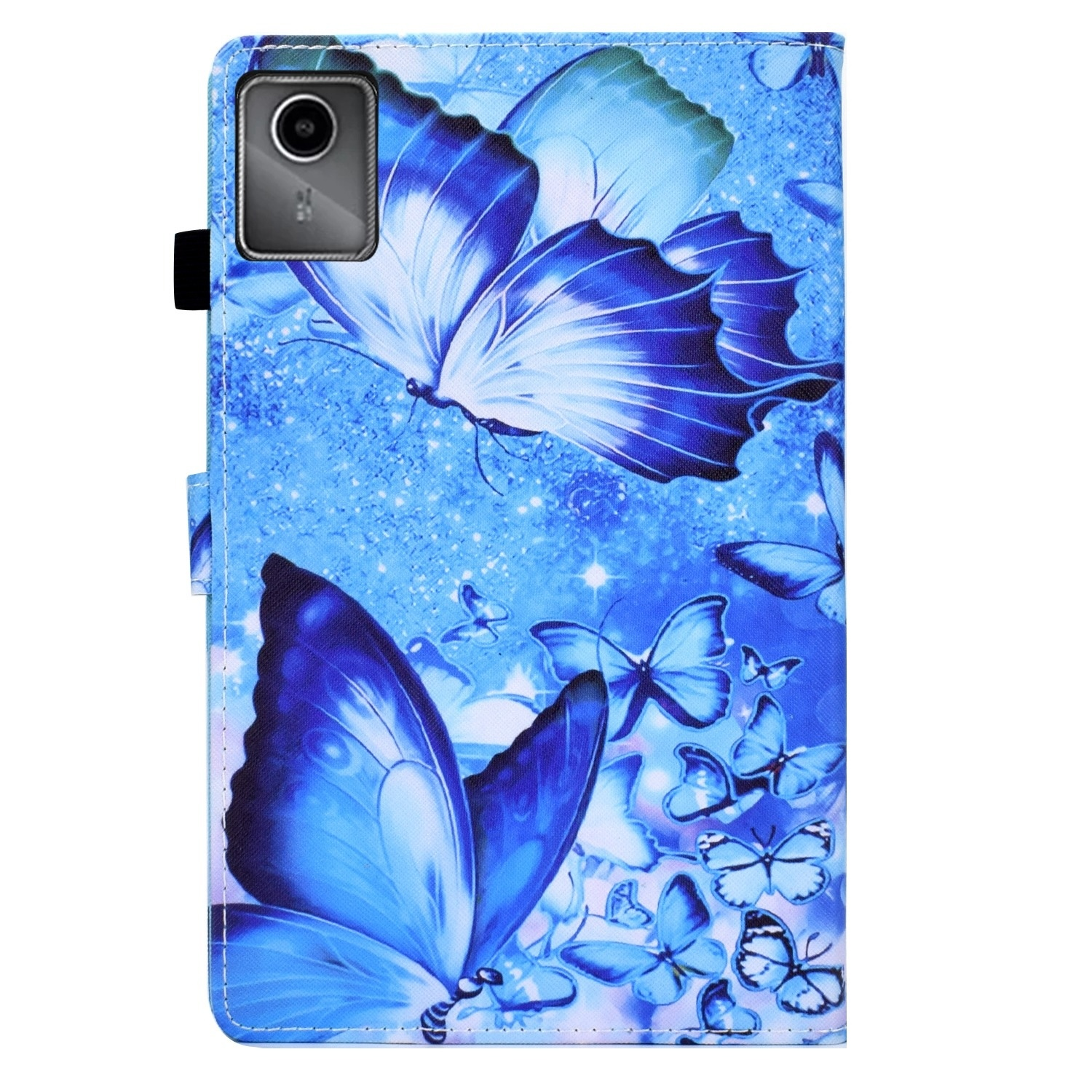 Una funda de teléfono azul con mariposas y una cámara de teléfono.