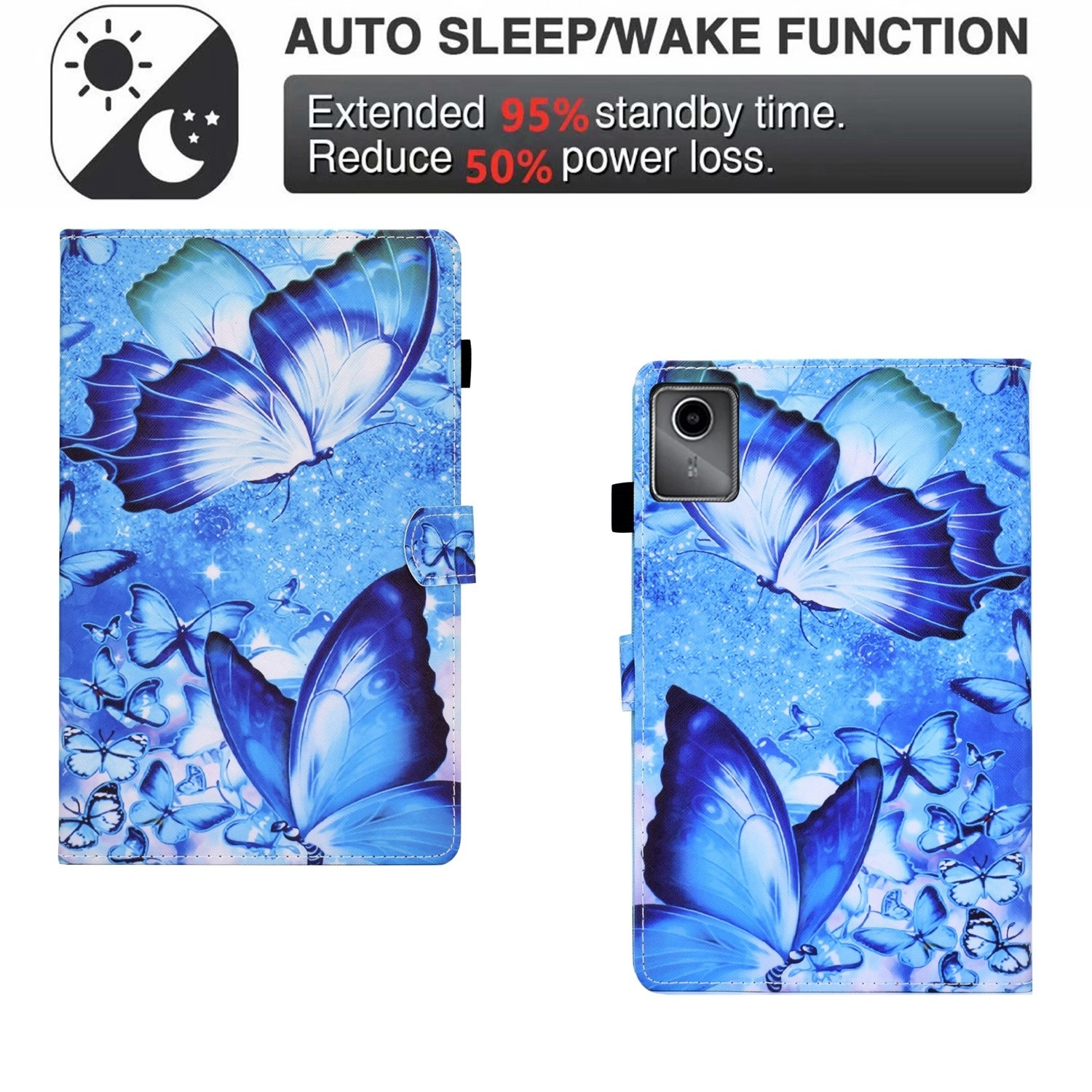 Funda para tableta con mariposas. La funda es azul, con un diseño de mariposas.