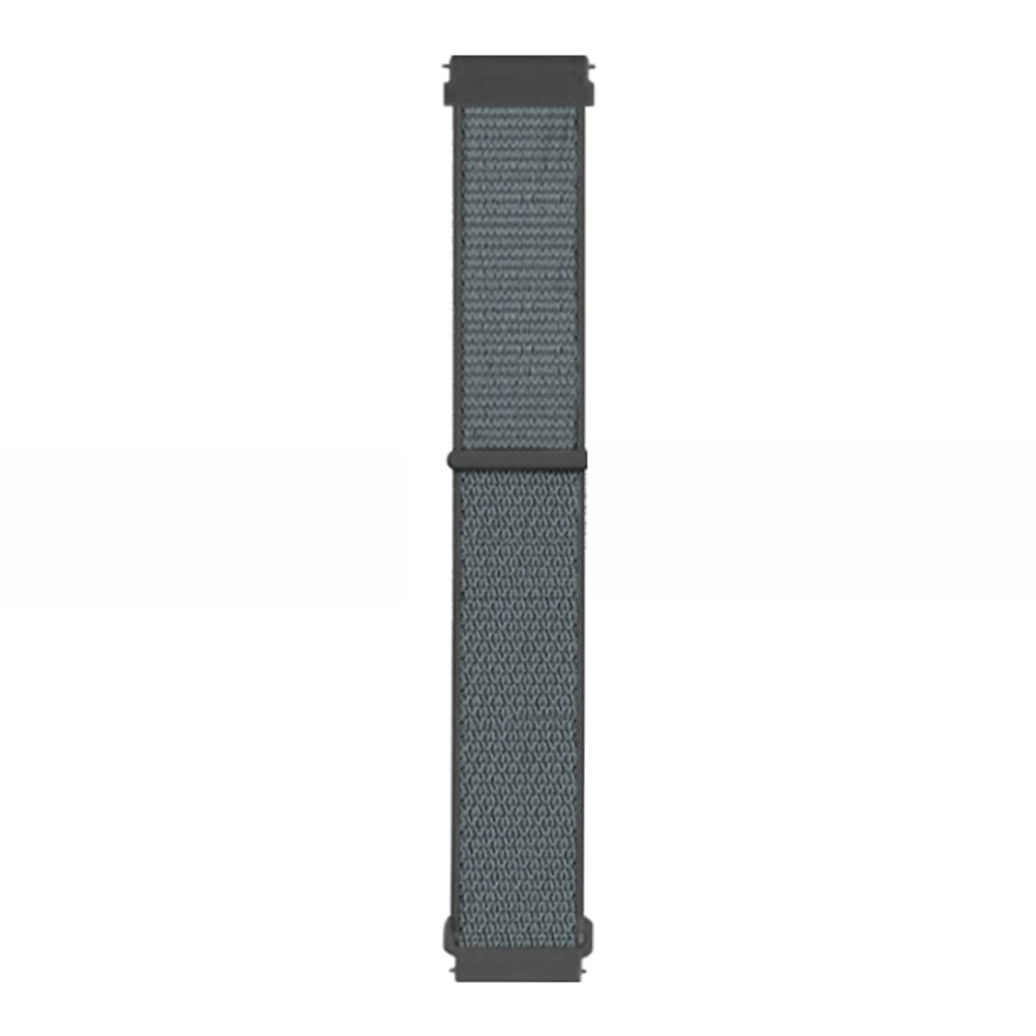 Ein graues Uhrenarmband, flach liegend. Es hat schwarze Anschlüsse und eine strukturierte Oberfläche.