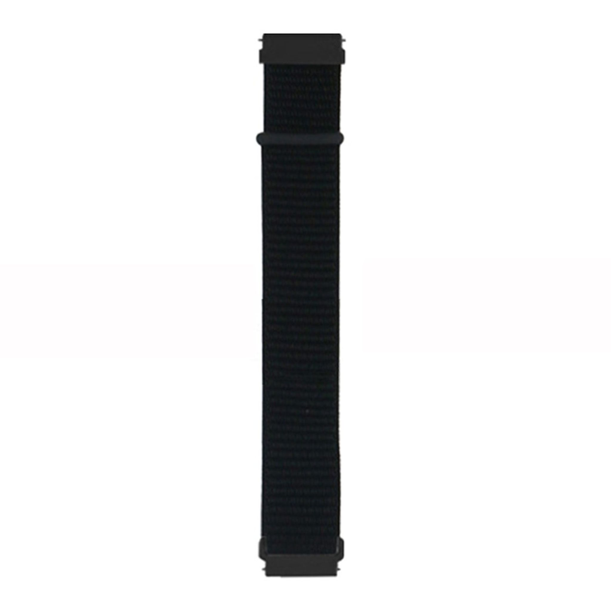 Schwarzes Uhrenarmband, einteilig, mit Metallverschluss. Weißer Hintergrund.