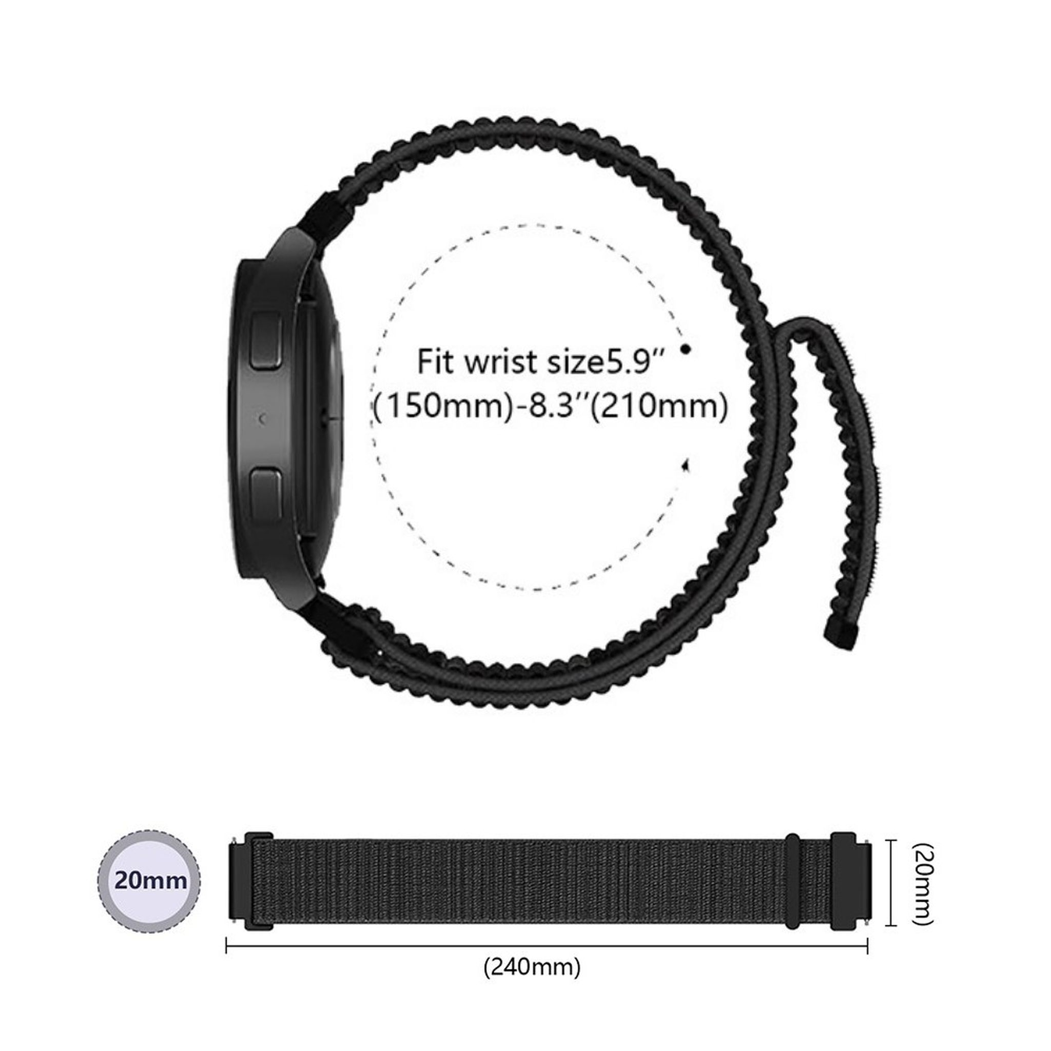 Schwarze Uhr mit gewebtem Armband und Maßen auf weißem Hintergrund.