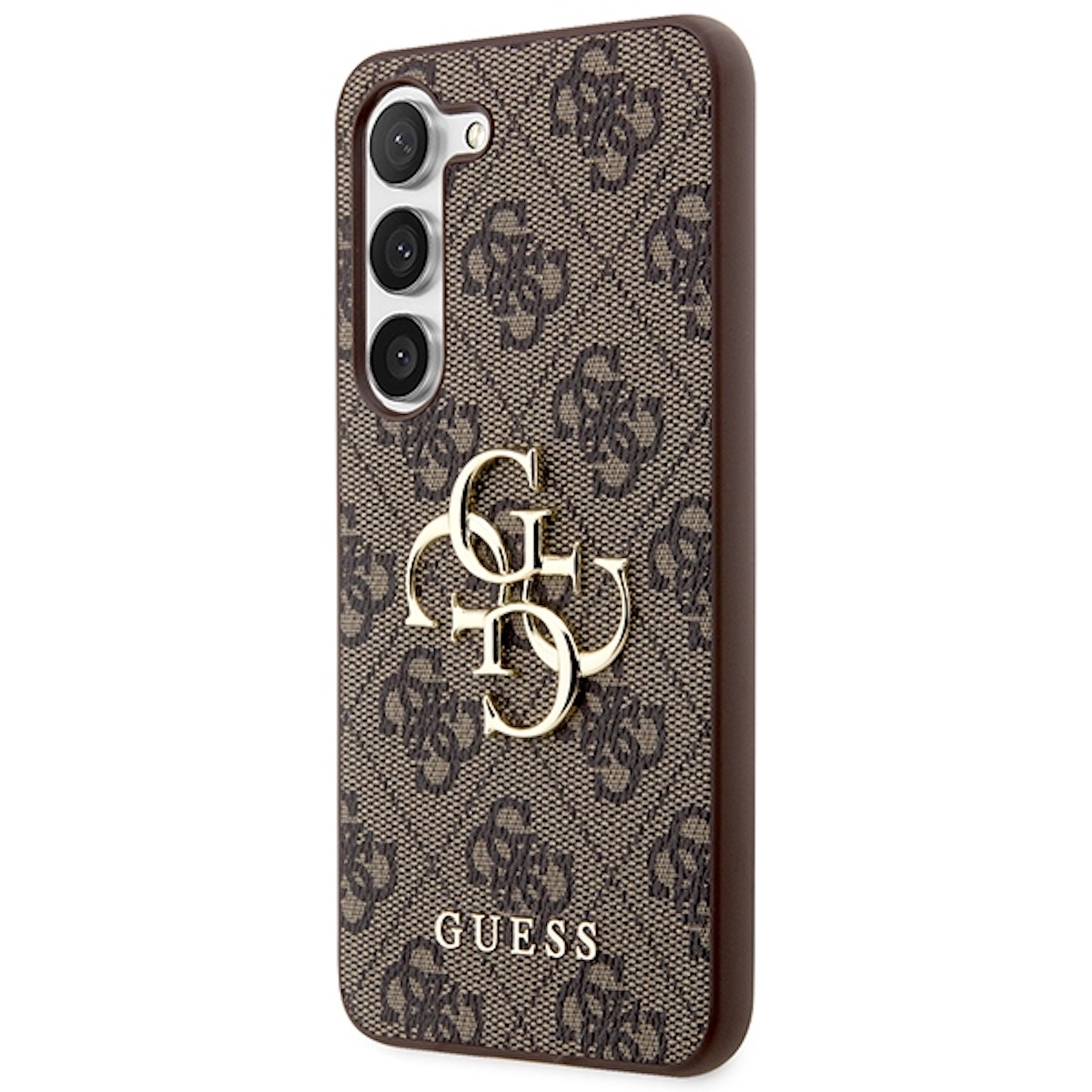 Una custodia per telefono marrone con il logo Guess e una fotocamera. La custodia ha un motivo marrone.
