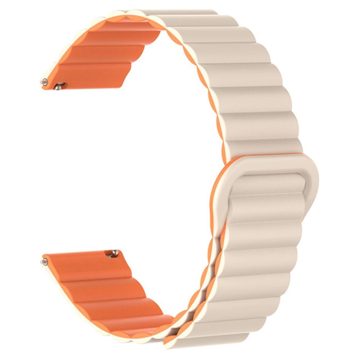 Uhrenarmband, orange und weiß, Magnetverschluss, weißer Hintergrund.