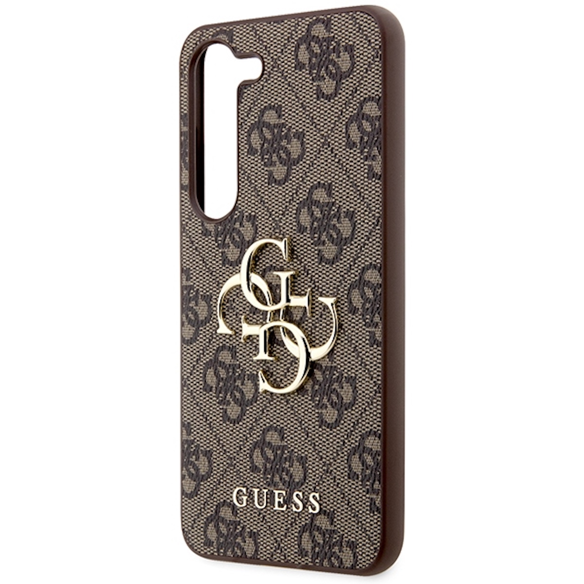 Custodia per telefono Guess marrone con motivo monogramma e logo dorato. Cornice marrone scuro. Primo piano.