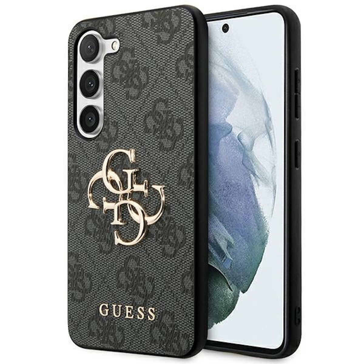 Una custodia per telefono nera con logo Guess dorato su un telefono.