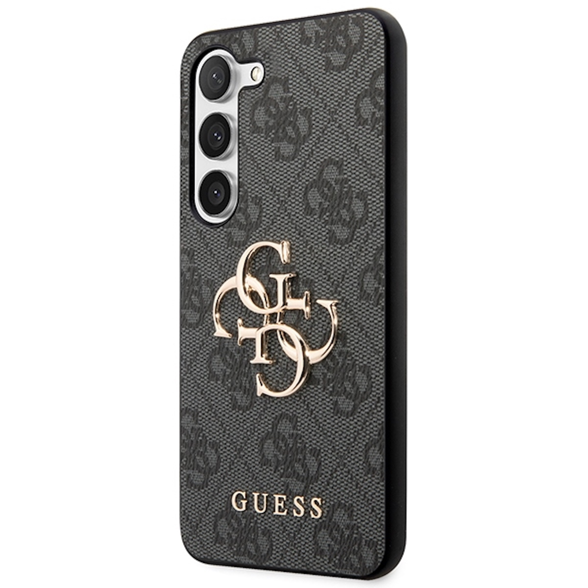 Una custodia per telefono con logo Guess su sfondo nero e grigio.