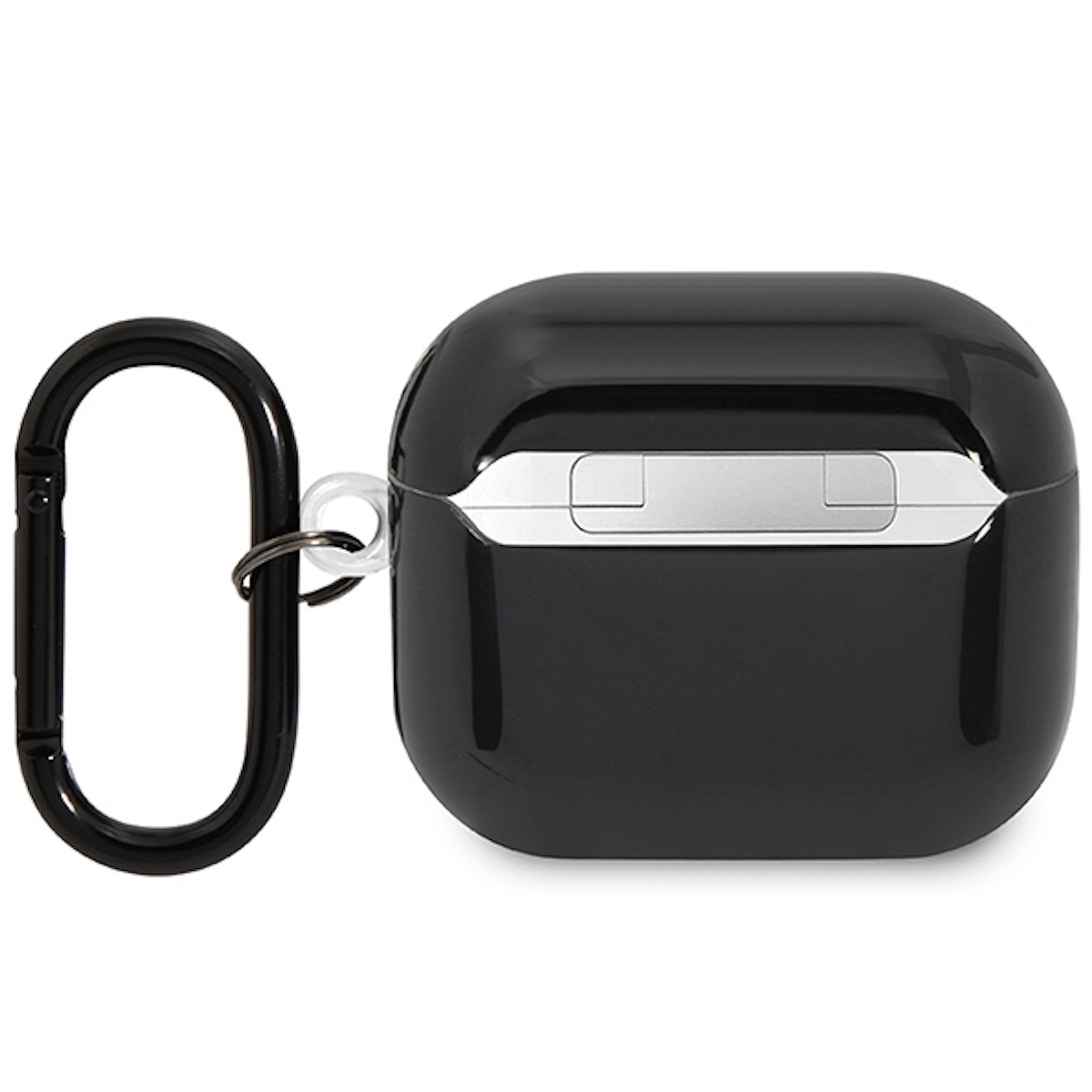 Una custodia nera per AirPods con moschettone nero attaccato, isolata su bianco.