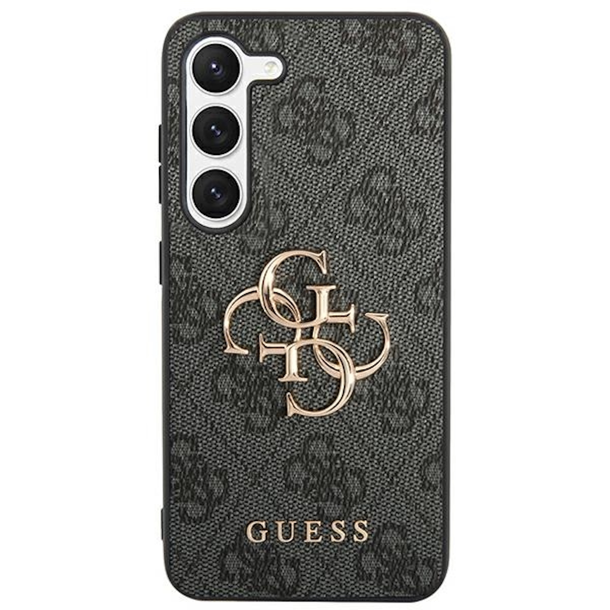 Una custodia per telefono nera con un motivo, logo dorato e obiettivi della fotocamera, del marchio Guess.