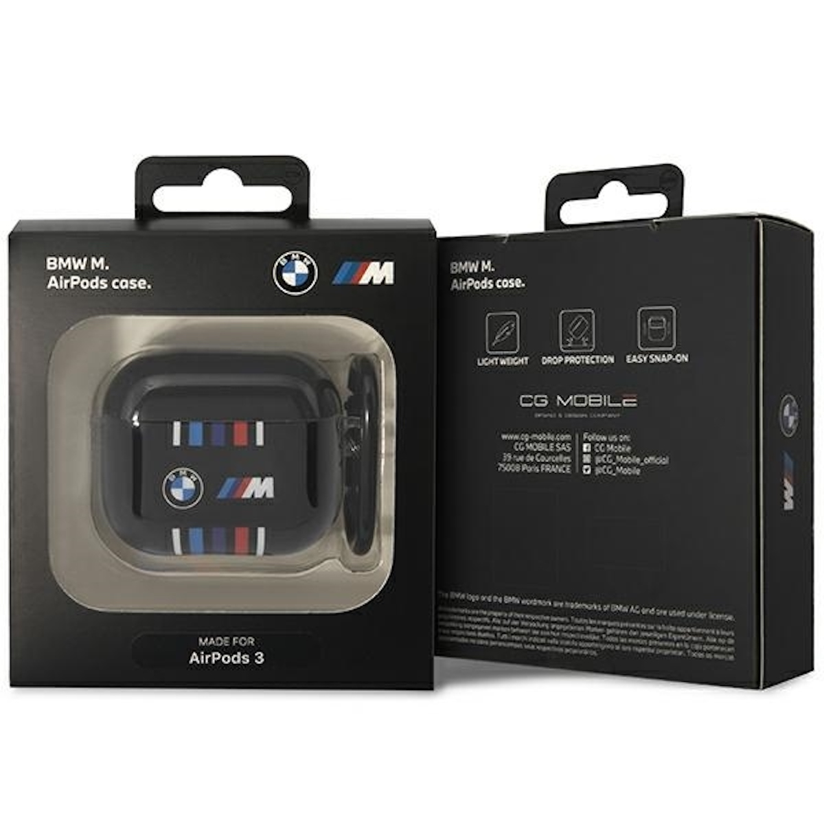 Una custodia BMW AirPods in bianco e nero, con il logo BMW, su una superficie nera.
