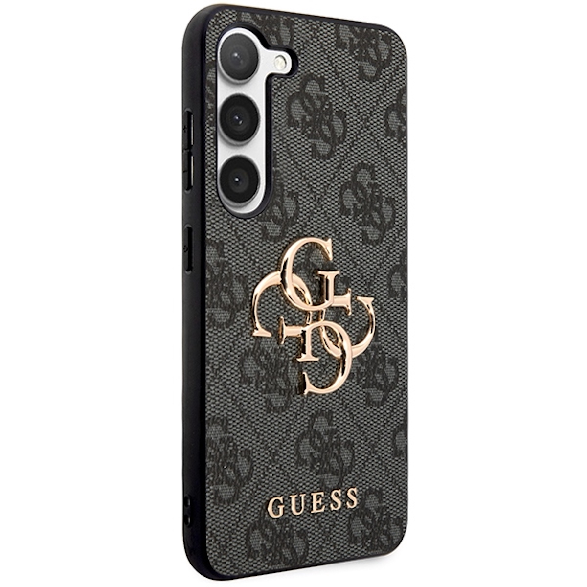 Una custodia per telefono con logo Guess. La custodia è nera e grigia con logo Guess dorato.