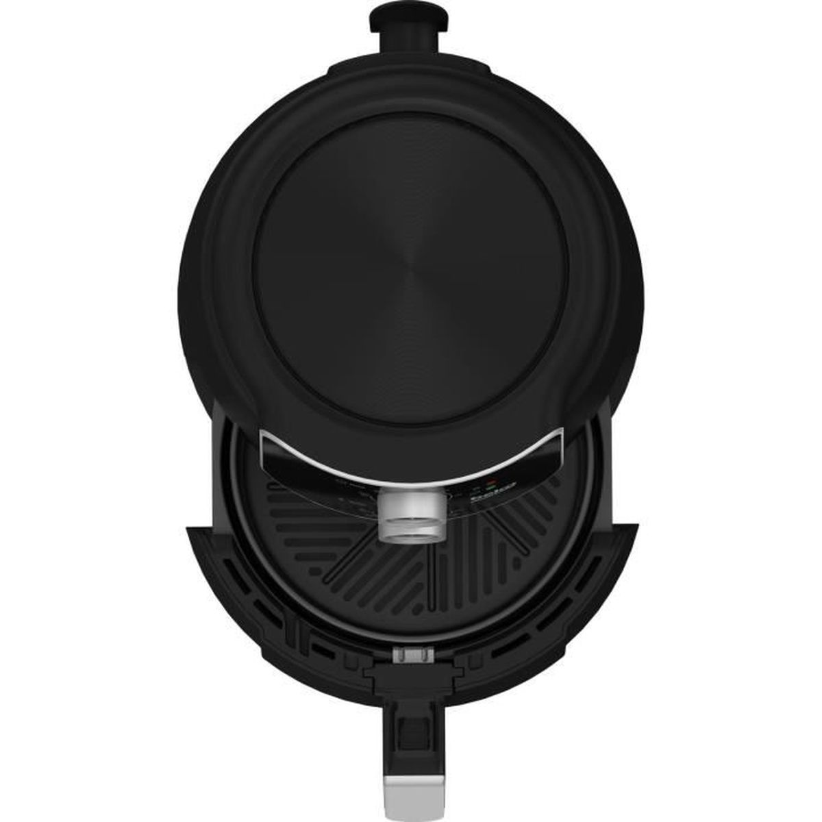 Czarna frytkownica powietrzna z otwartą pokrywą. Widoczne są wewnętrzne elementy.