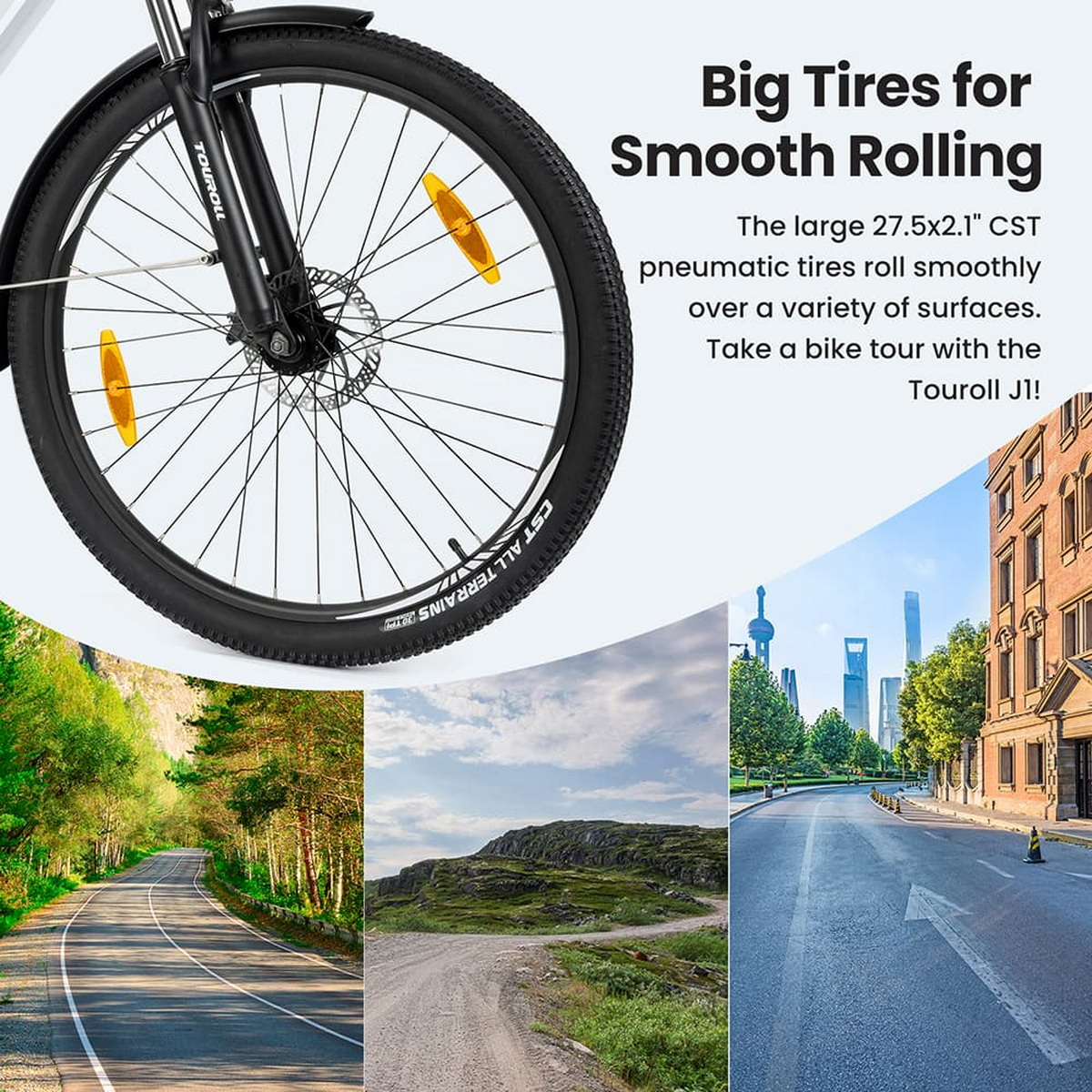 Koło i opona rowerowa z tekstem oraz trzy mniejsze obrazy przedstawiające różne nawierzchnie dróg.